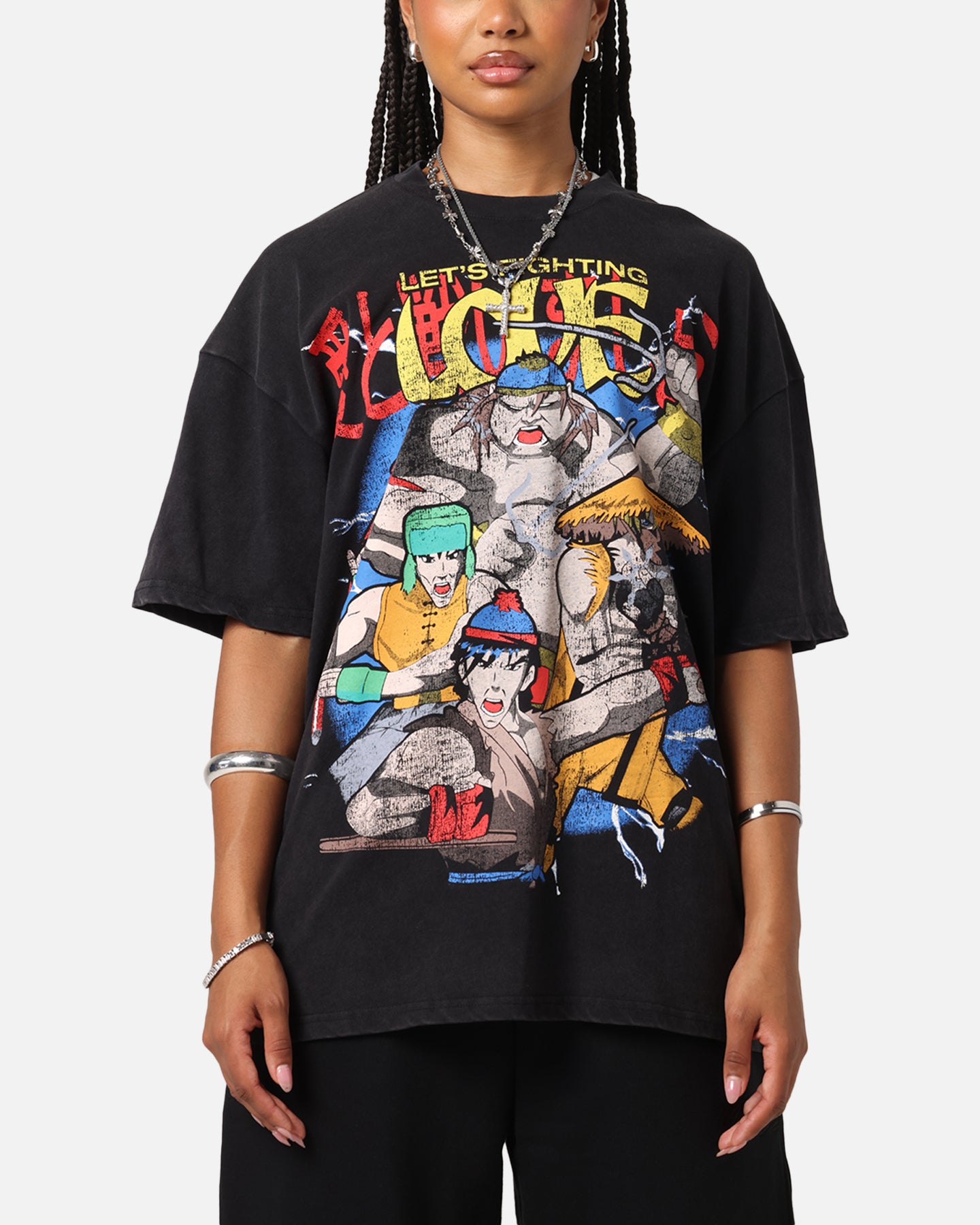 73 Studio X South Park Let's Fighting Love Vintage Black Acid Wash T-Shirt | Retro Cartoon Tee for Fans, Casual Wear & Collectors