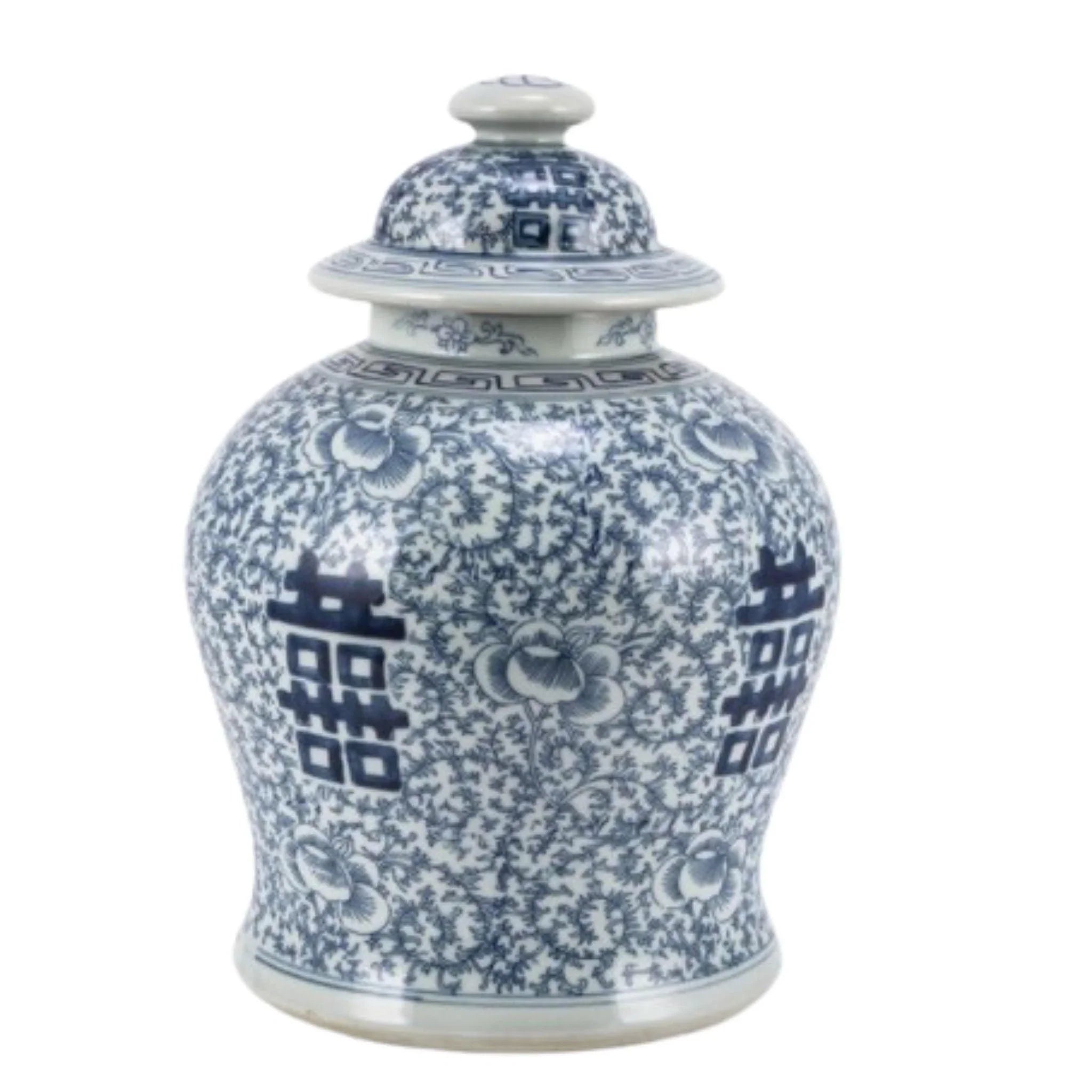 Blue and White Floral Porcelain Double Happiness Temple Jar - Vintage Chinese Wedding Decor, Home Decoration, Feng Shui Gift for Housewarming & Wedding Ceremony
