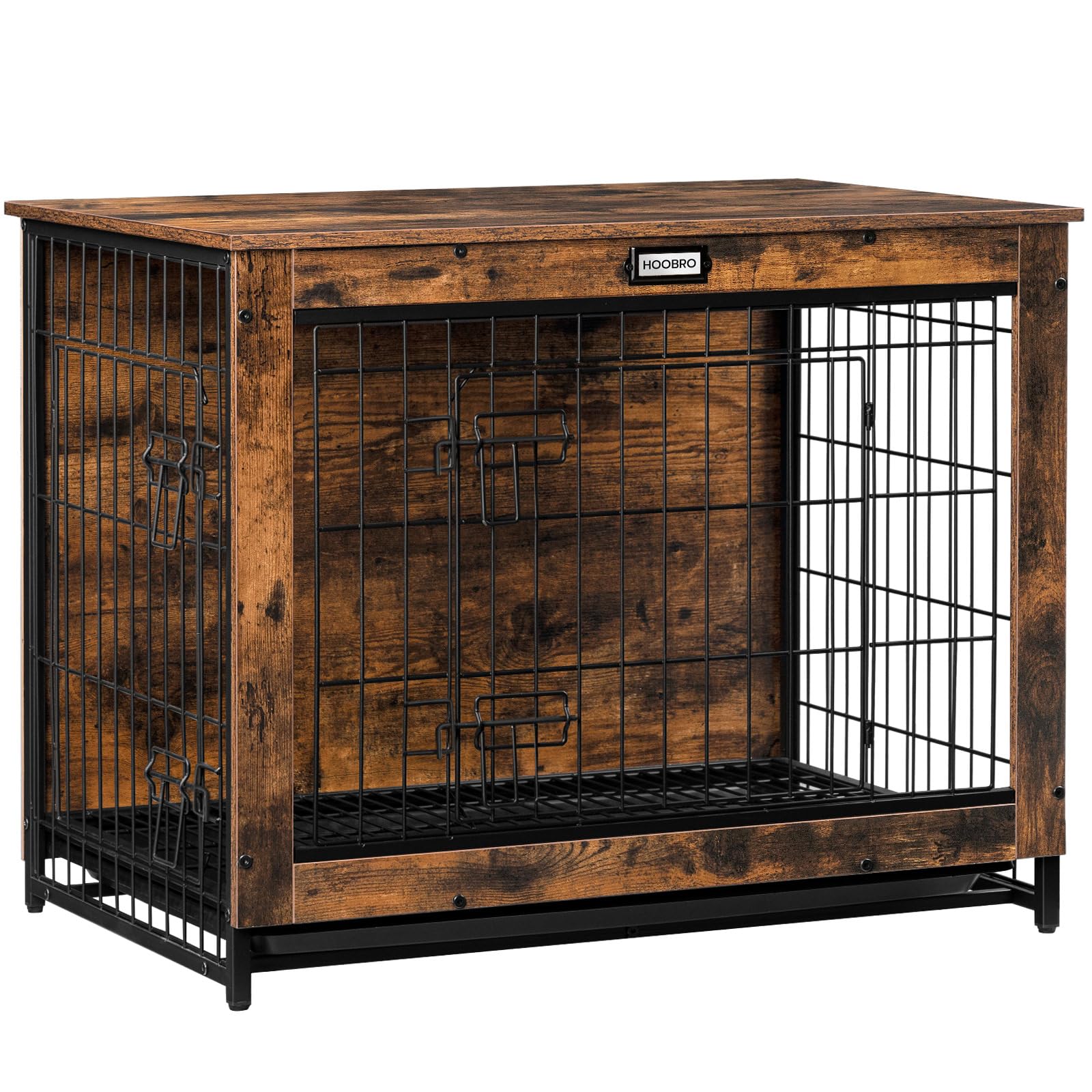 HOOBRO Wooden Dog Crate Furniture - Large Pet Kennel with Pull-Out Tray, Modern Rustic Brown End Table for Small/Medium/Large Dogs | Indoor Home Decor & Cozy Pet Space for Living Room, Bedroom or Office