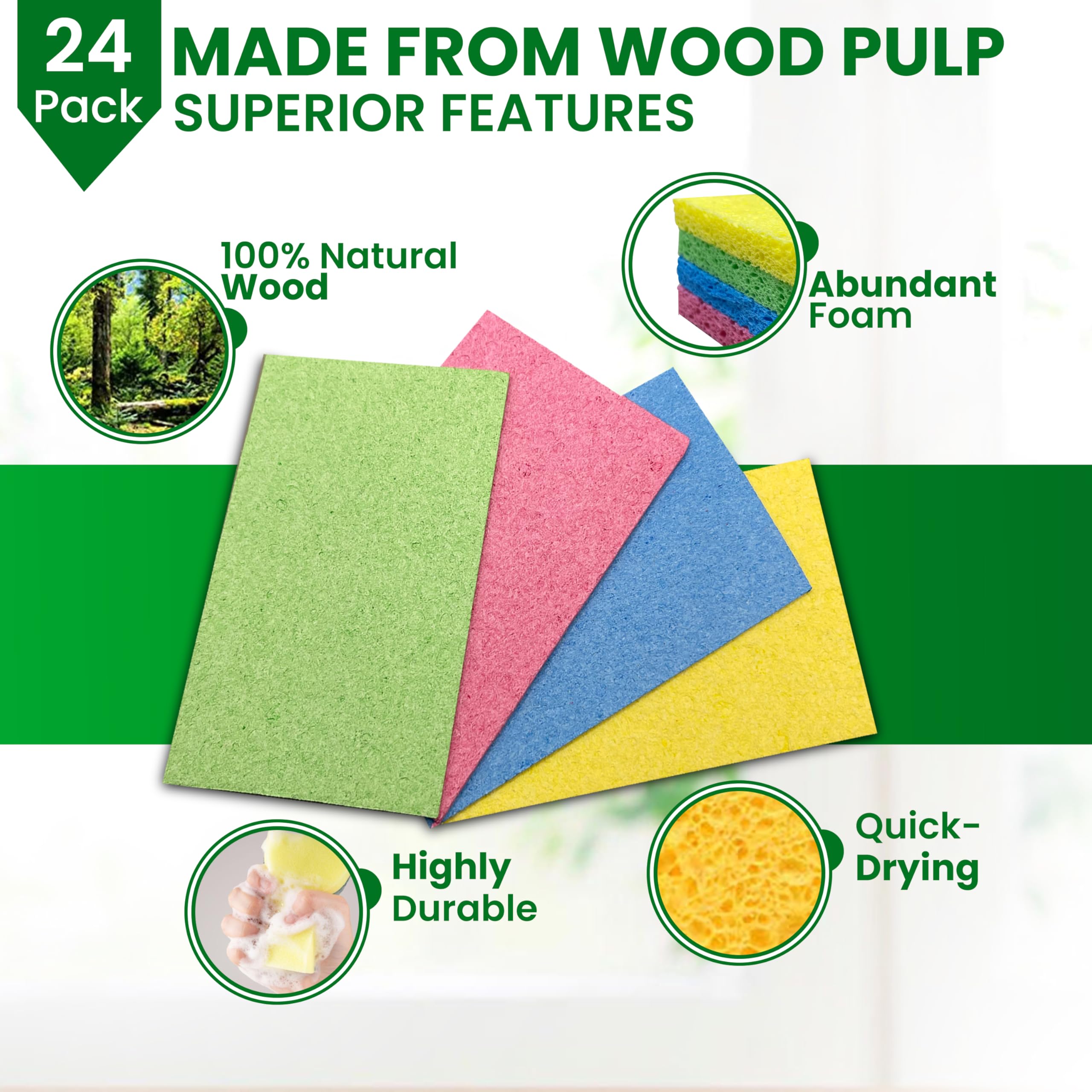 24-Pack Multicolored Compressed Cellulose Sponges - Natural Biodegradable Kitchen Sponges for Cleaning, Dishes & DIY - Non-Scratch Quick-Dry Sponges for Home, Office & Craft Projects