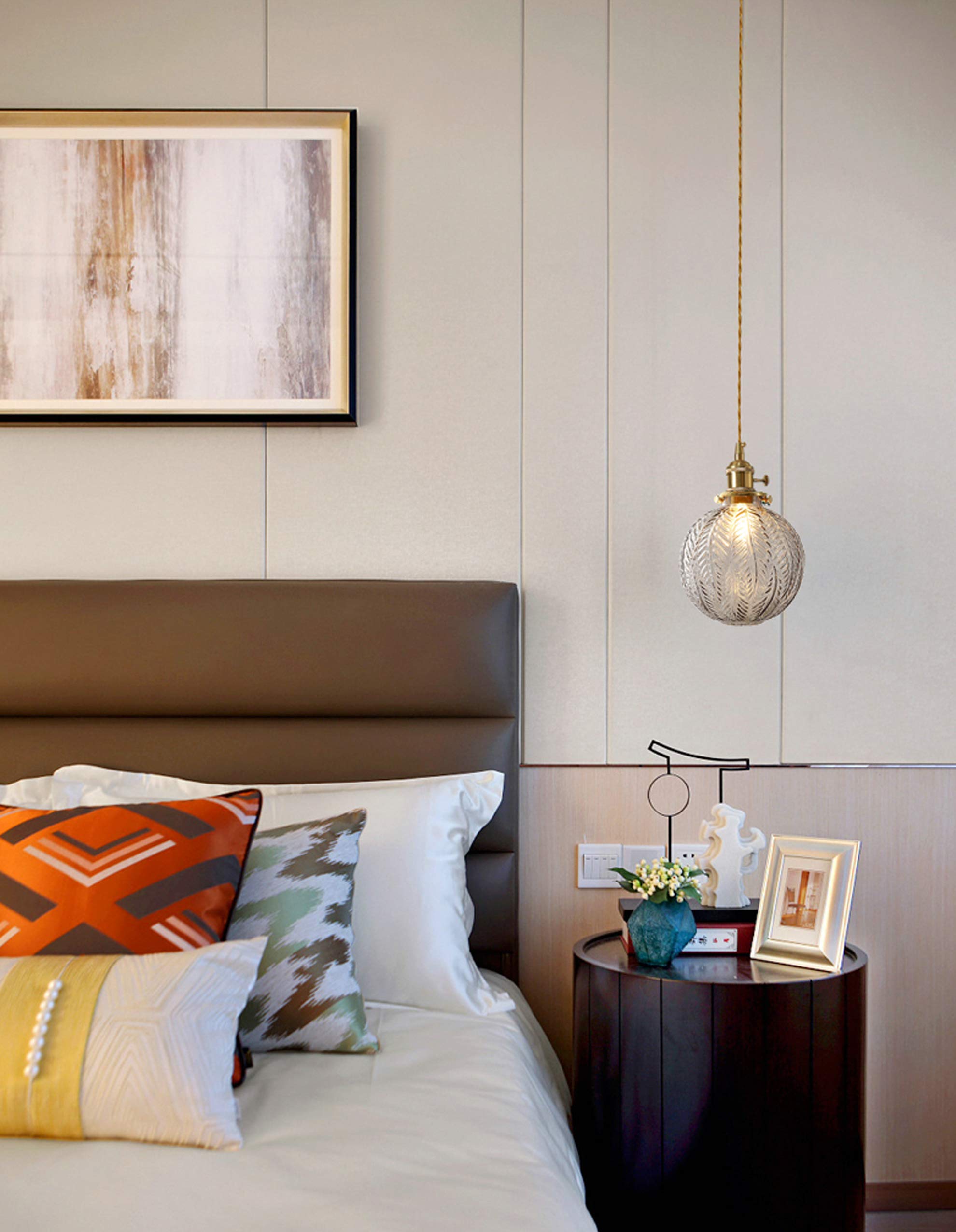 Plug-in Hanging Swag Lamp with 15ft Dimmable Brown Braided Cord & Clear Glass Globe Shade - No Wiring Needed, Motion Sensor, Copper Holder - Perfect for Kitchen Island, Dining Room, Bedroom Lighting