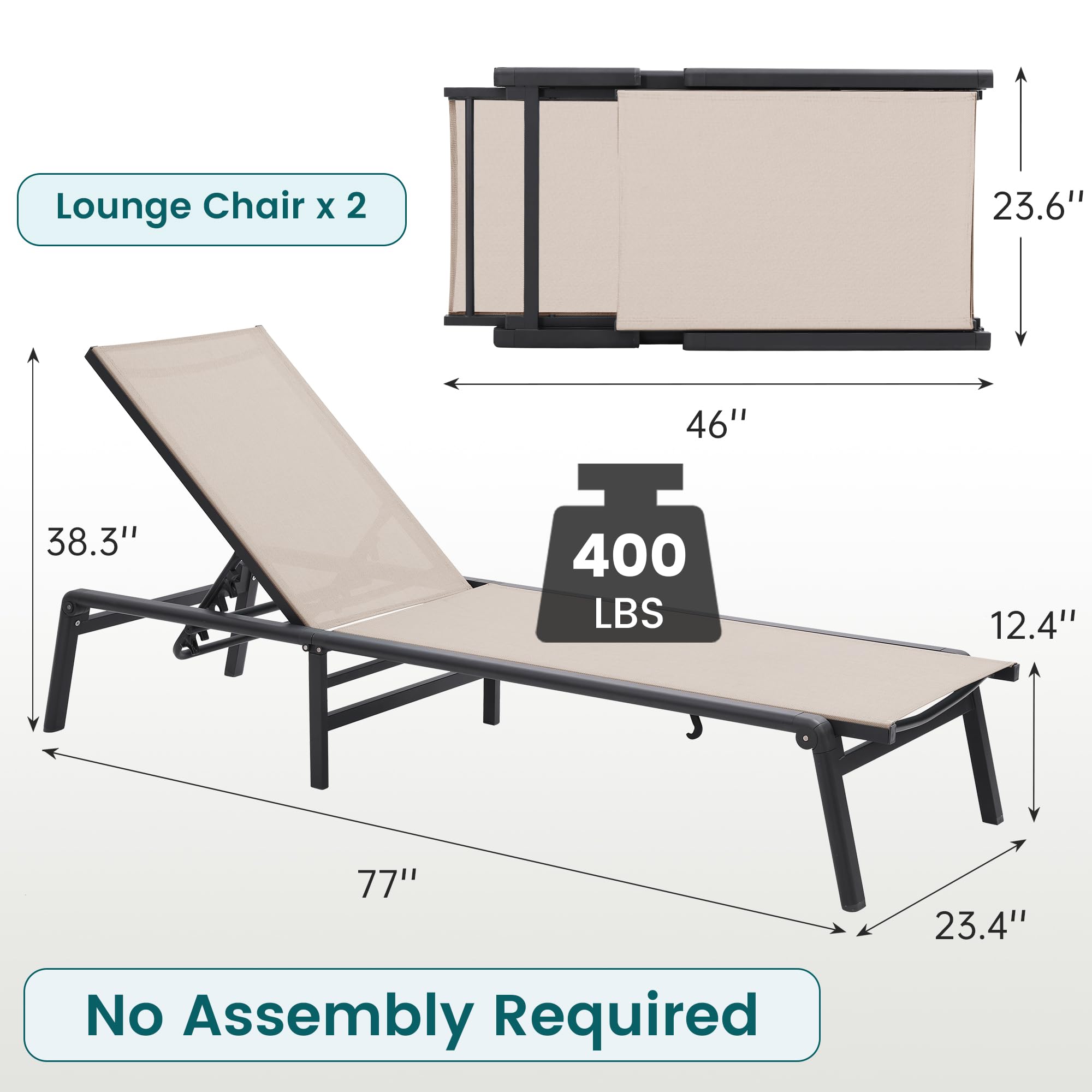 Premium Outdoor Aluminum Chaise Lounge Chairs Set of 2 - 5-Position Adjustable Backrest, No Assembly Required, Lightweight & Foldable for Easy Storage - Perfect for Poolside, Deck, Lawn, Beach & Patio Relaxation (Beige)
