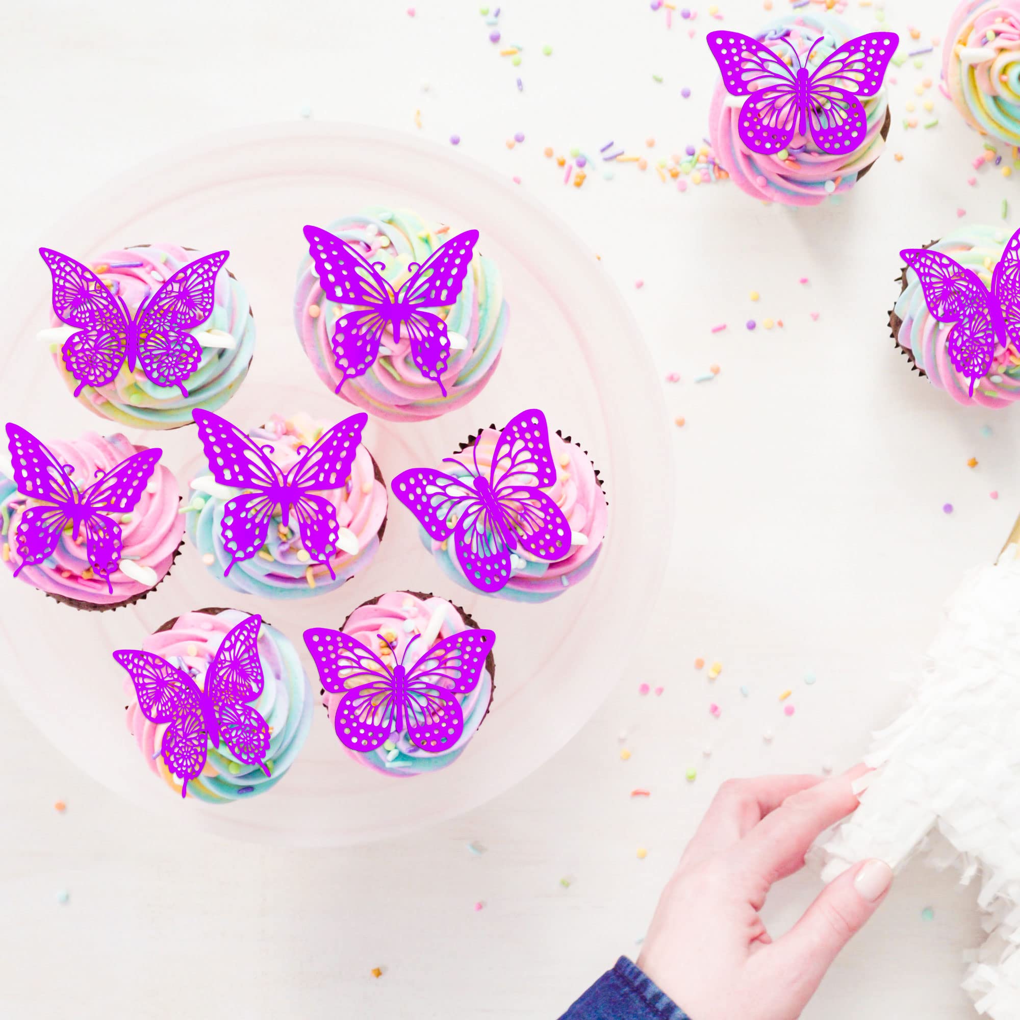 Metallic Purple 3D Butterfly Cupcake Toppers - 36Pcs Hollow Art Cake Decorations for Baby Showers, Weddings, Anniversaries & Kids Birthday Parties - Elegant Wall & Dessert Decor Supplies | Perfect for Cake Decorating, Party Themes & Sweet Table Displays