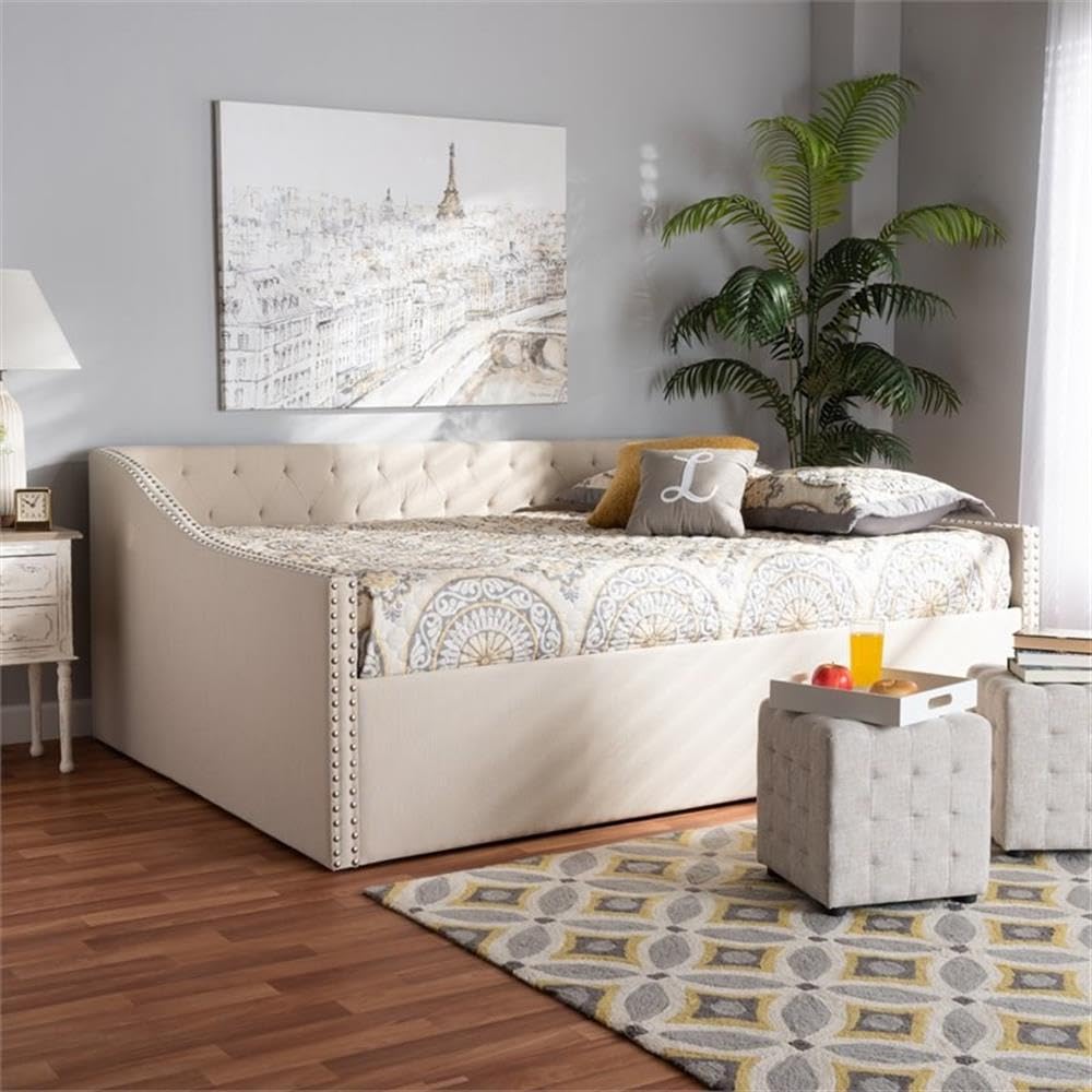 Baxton Studio Haylie Modern Beige Fabric Upholstered Queen Daybed - Contemporary Sofa Bed for Guest Room, Living Room & Small Spaces