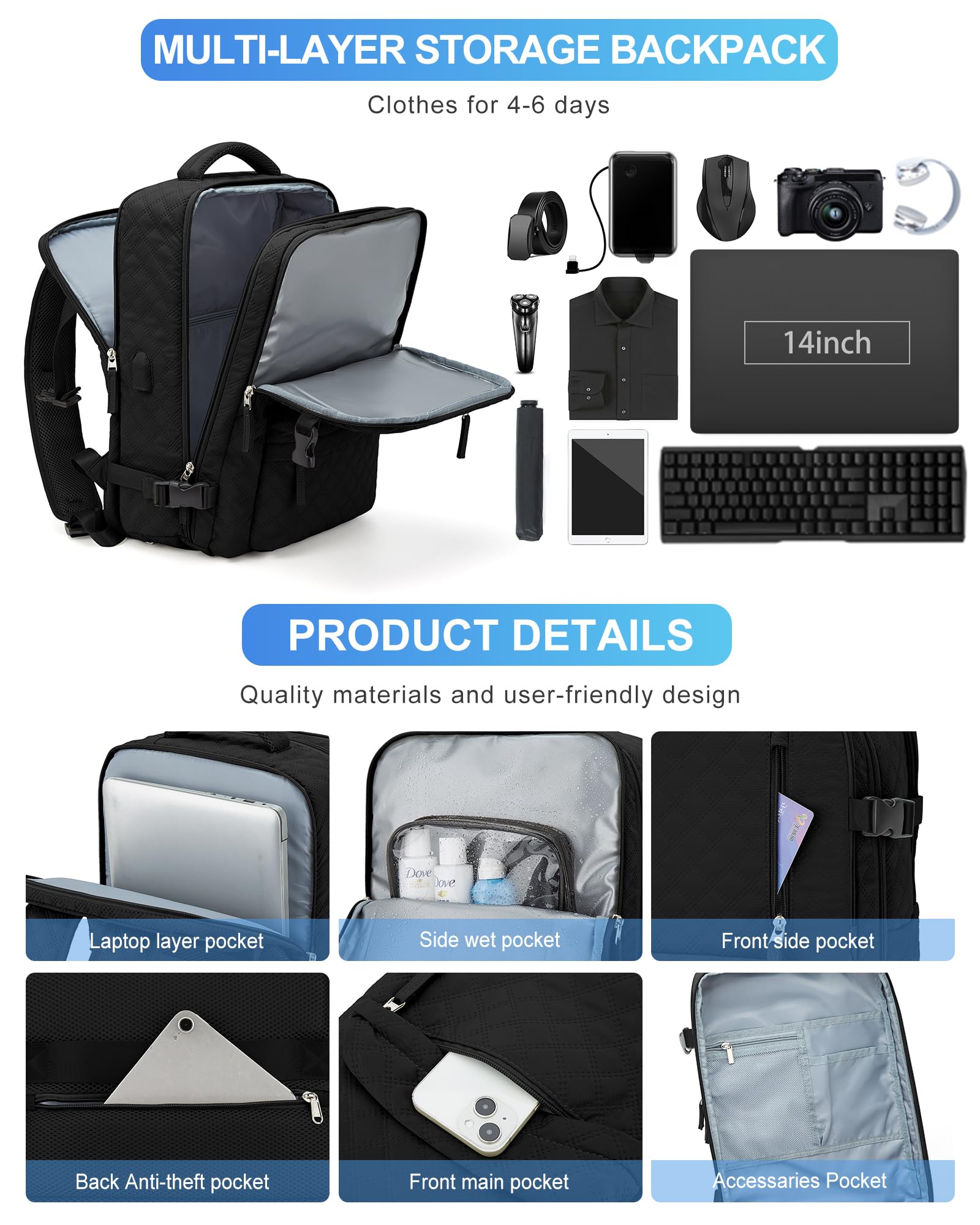 Underseat Carry On Backpack for Women - Airplane Approved Cabin Bag, 14 Inch Laptop Backpack for Business Travel & Casual Work (K1-Black) | Perfect Personal Item for Flights & Commuting