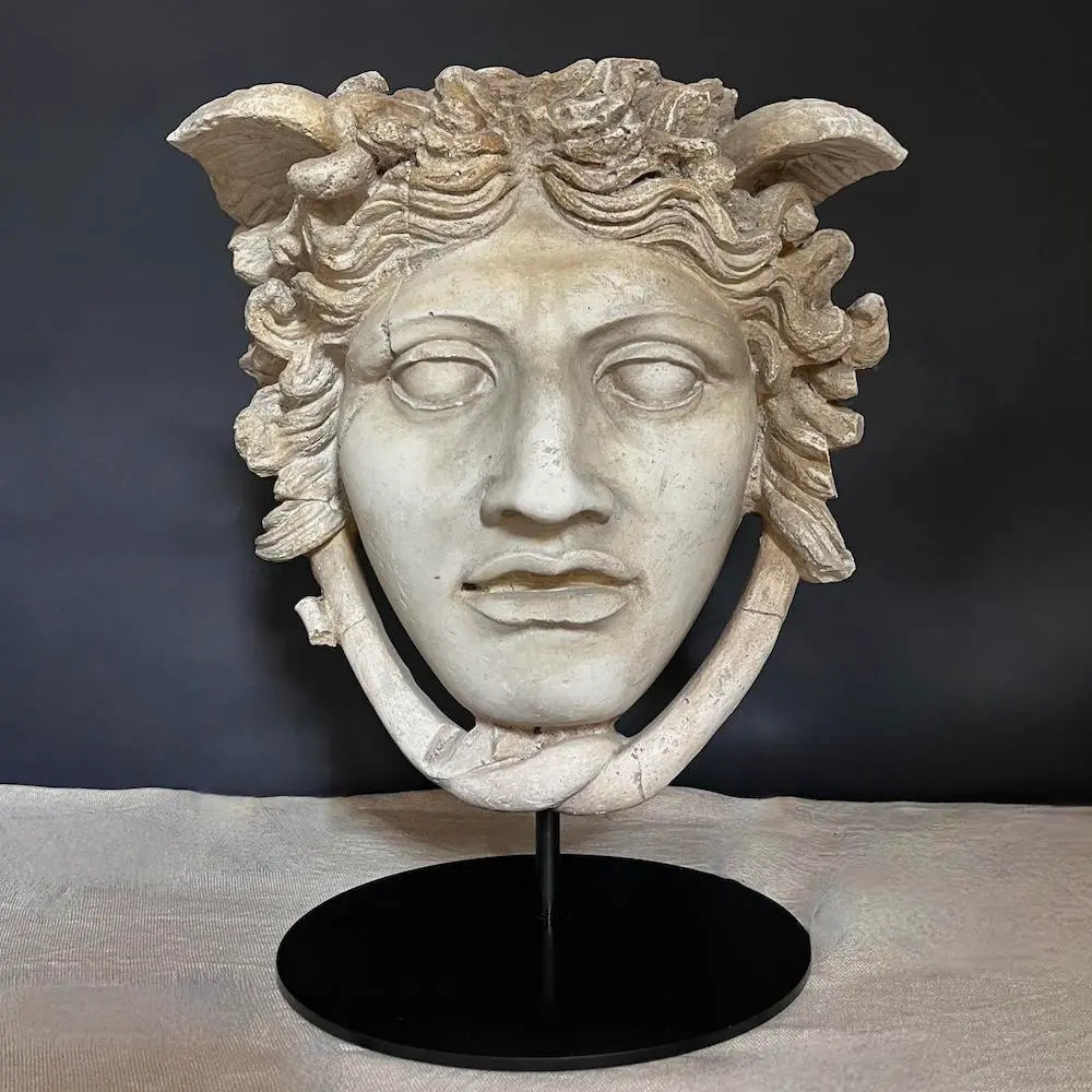 Medusa Head Gypsum Sculpture on Pedestal - Greek Mythology Decor for Home, Office & Garden