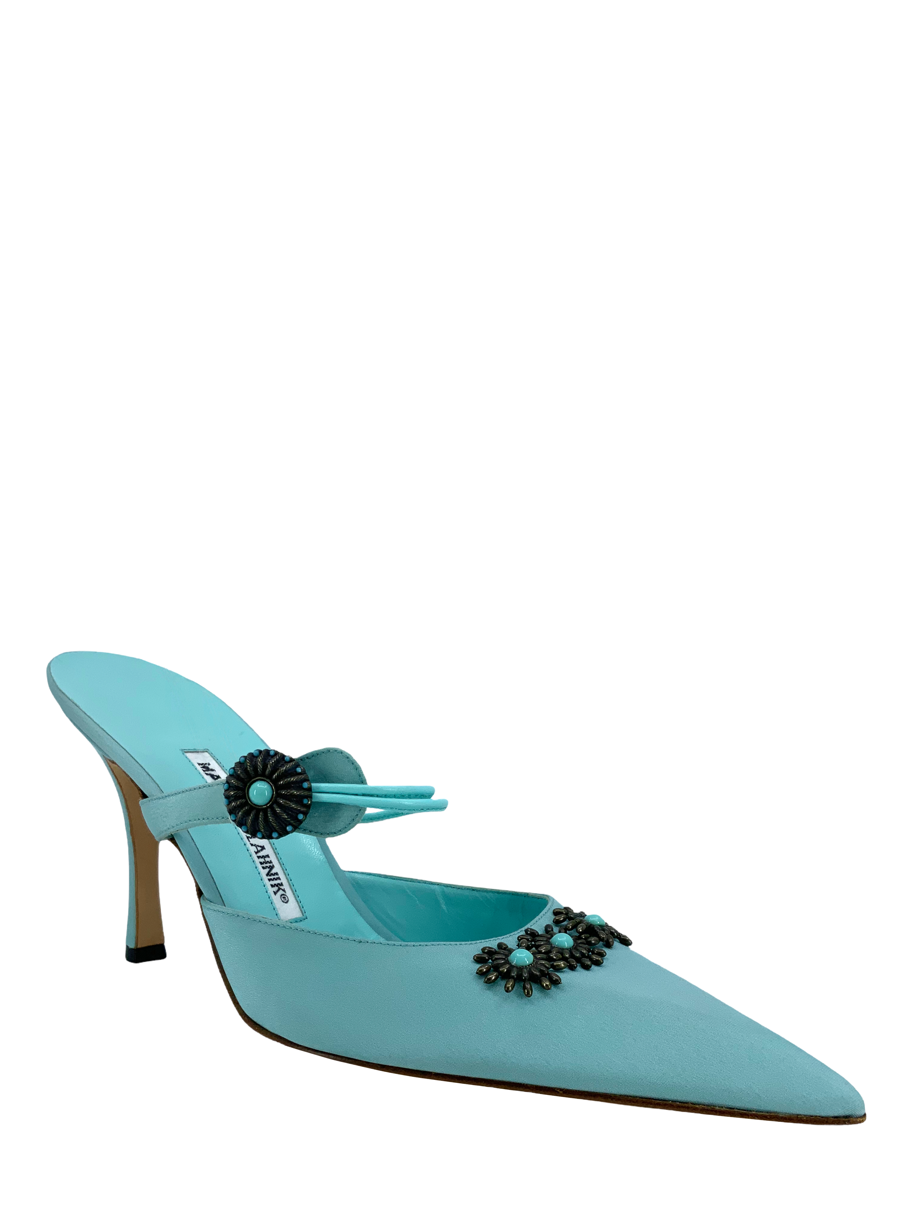 Manolo Blahnik Embellished Satin Mary Jane Mules Women's Size 11 | Luxury Designer Shoes for Weddings, Parties & Special Occasions