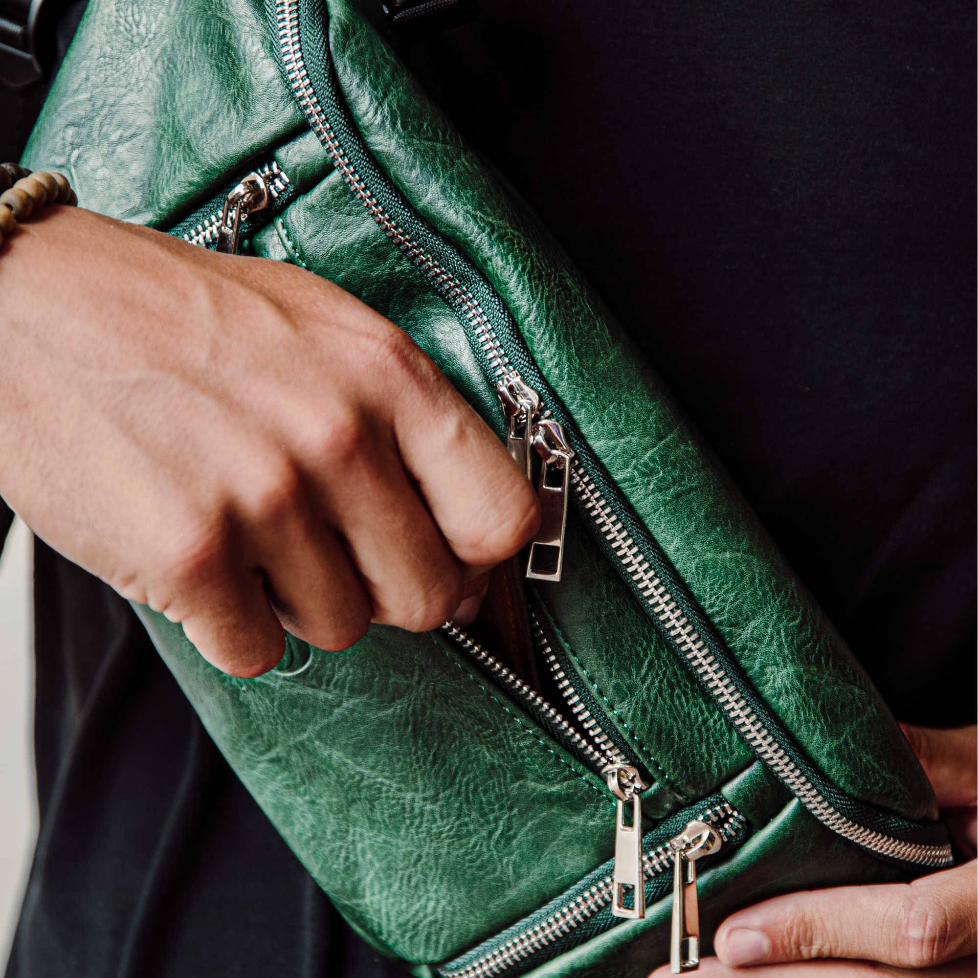 Emerald Green Leather Crossbody Waist Bag for Women - Fashionable Fanny Pack with Adjustable Strap - Perfect for Travel, Hiking & Everyday Use