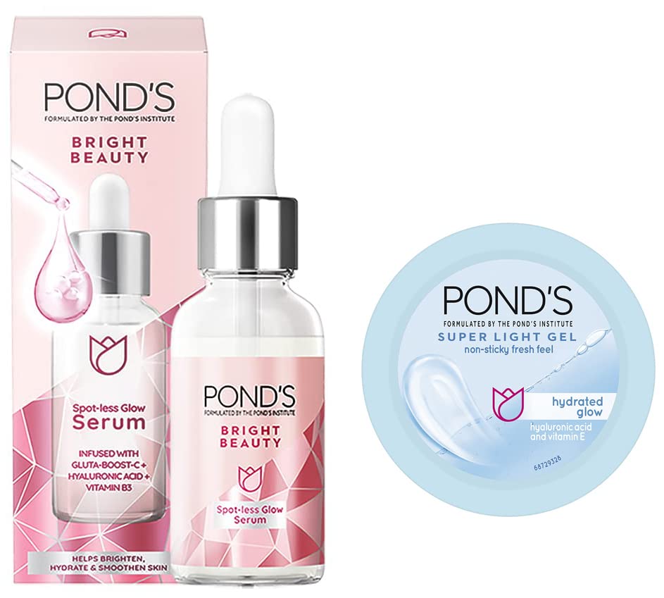 Pond's Bright Beauty Spot-less Glow Serum 30ml & Oil-Free Face Moisturizer 73g with Hyaluronic Acid & Vitamin E - Daily Skincare for Fresh Glowing Skin & 24-Hour Hydration - Perfect for Morning & Night Routine, Travel & On-the-Go Use