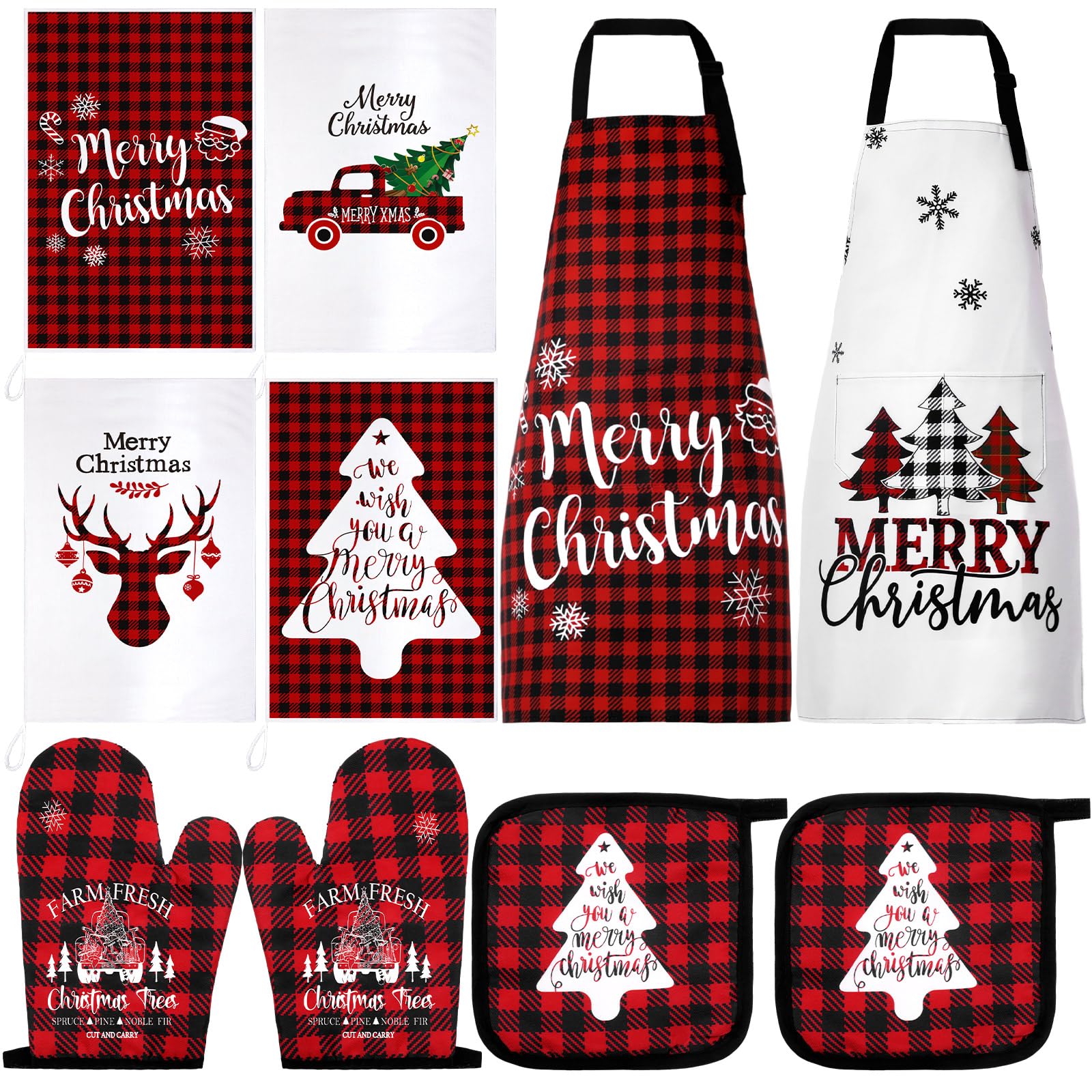 Geetery 10-Piece Christmas Kitchen Towel Set with Oven Mitt, Pot Holder & Apron - Festive Cotton Tree Design for Holiday Cooking & Baking (Red & Black Plaid) - Perfect for Christmas Dinner Prep, Baking Gifts & Festive Home Decor