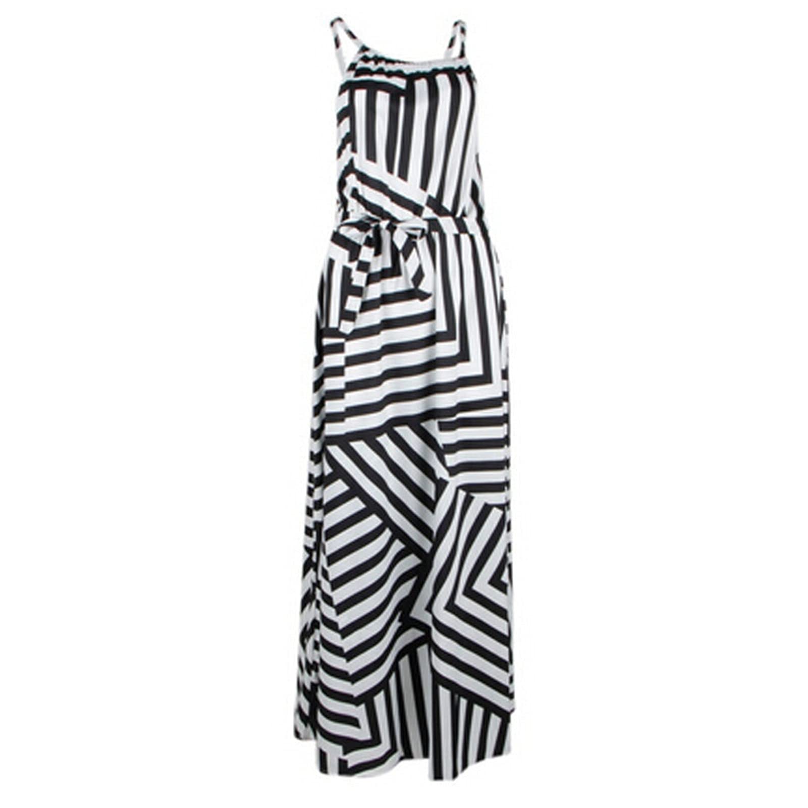 Elegant Black & White Stripe Women's Dress - Sexy High Waist Sleeveless Wide Hem Party Dress for Evening Events, Night Out & Special Occasions