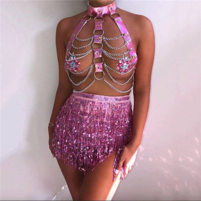 Sparkling Crystal Sequin Embellished Bra & Exotic Pole Dance Costume Dress - Perfect for Burlesque, Cabaret, and Sensual Dance Performances