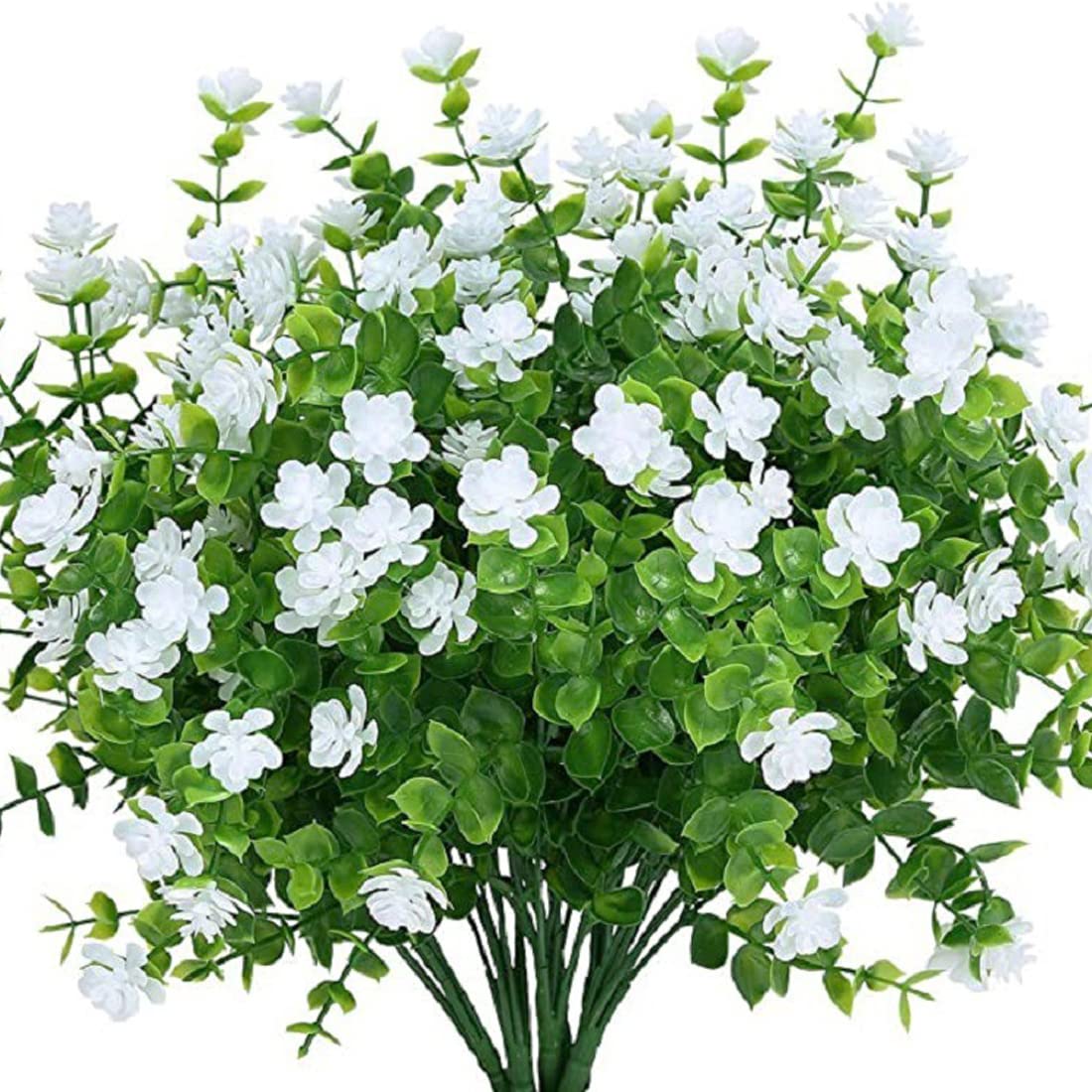 6 Bundles Artificial Eucalyptus Flowers - UV Resistant Faux Plastic Plants for Outdoor Garden, Porch & Window Box Decor - White Fake Greenery for Home & Wedding Decoration