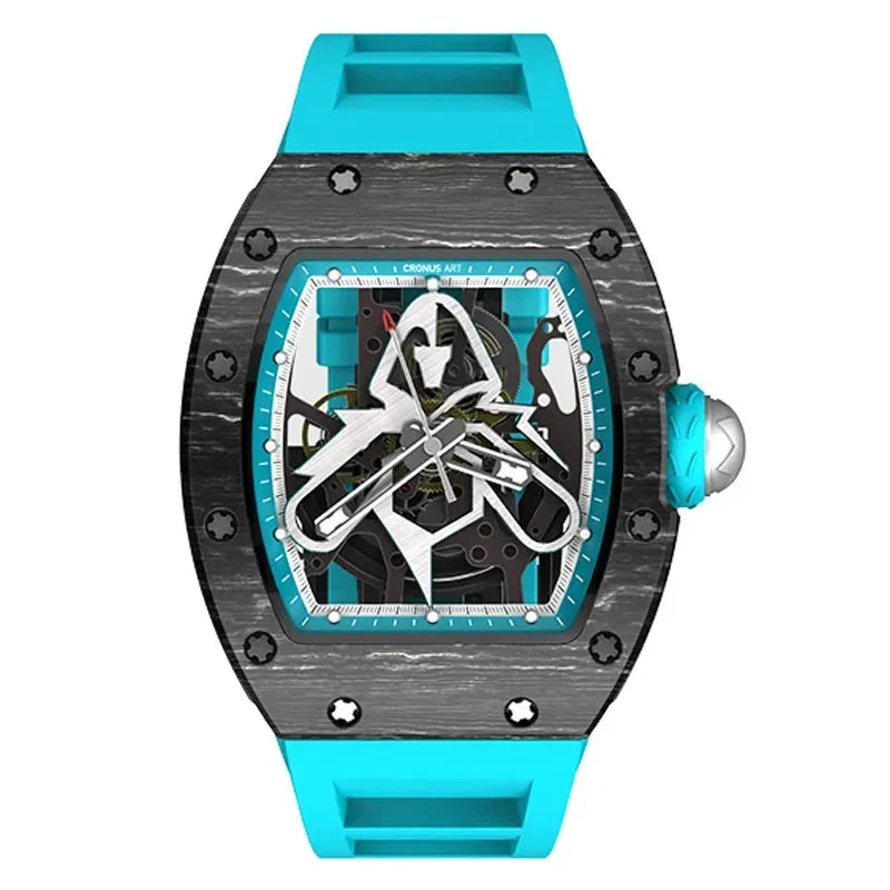 Premium CRONUSART Men's Automatic Skeleton Watch - Luxury Tonneau Design with Carbon Fiber Case, Luminous Hands & Fluororubber Strap - Perfect for Business, Formal Events & Gift Giving