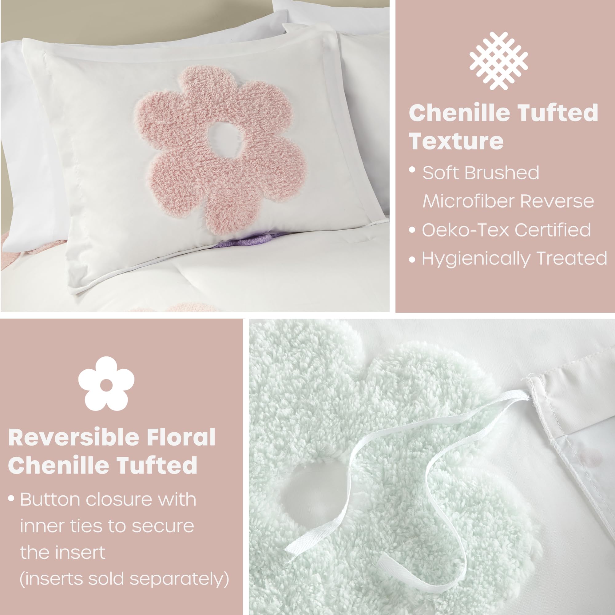 Queen Size Duvet Cover Set for Girls - Tufted Chenille Floral Reversible Bedding with Polka Dot Design | Lightweight 4-Piece Set Includes Duvet Cover, Sham & Pillowcases | Perfect for Teen Bedrooms, Guest Rooms & Cozy Purple Themed Decor (Full/Queen, White & Purple)