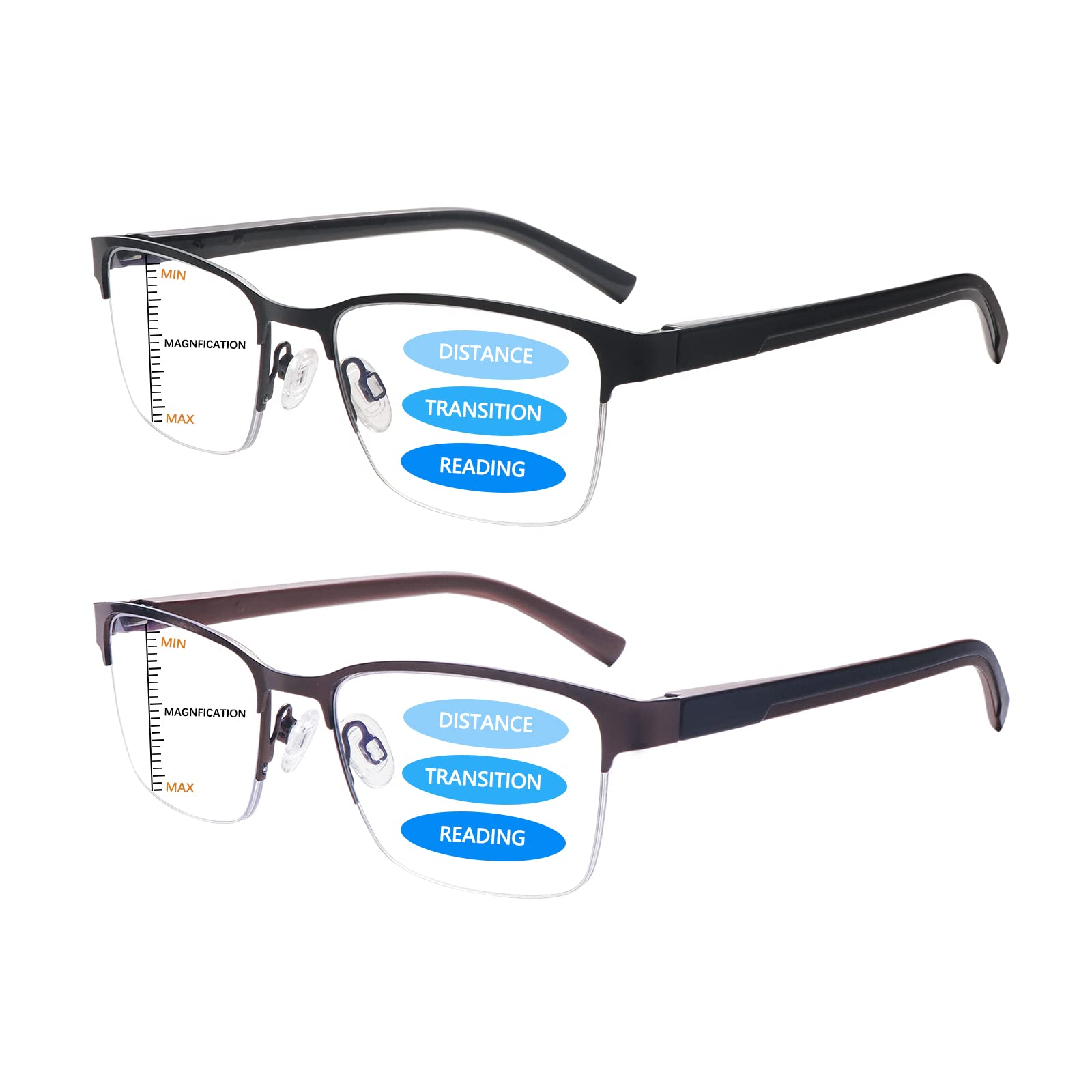 Blue Light Blocking Reading Glasses for Men - Progressive Multifocal Computer Glasses with Spring Hinge & Half Metal Frame - Perfect for Office Work, Screen Use and Daily Reading