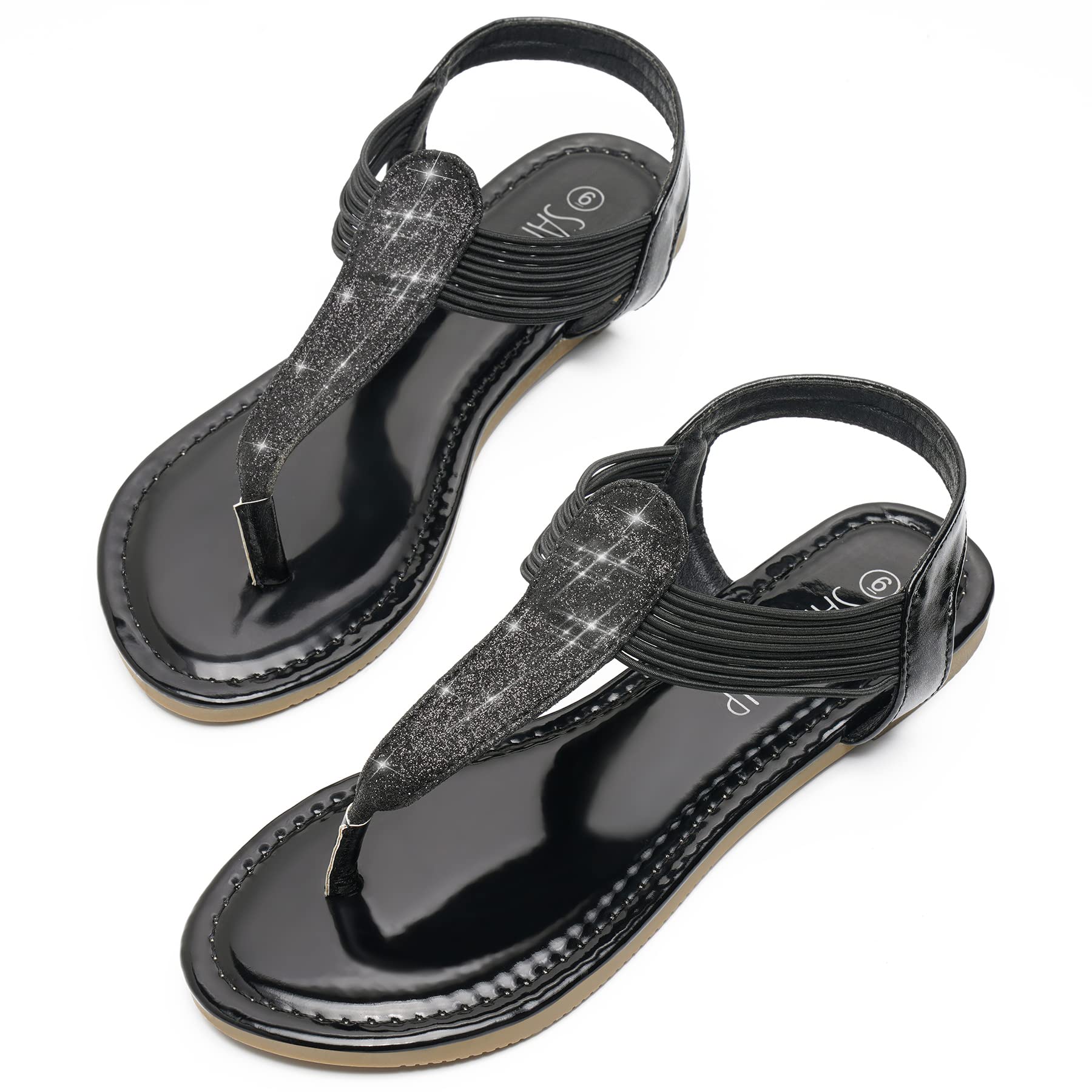 SANDALUP Women's Sparkling Flat Sandals with Elastic Straps & Ankle Strap - Comfortable Dressy Summer Sandals for Walking, Beach, Parties & Outdoor Activities