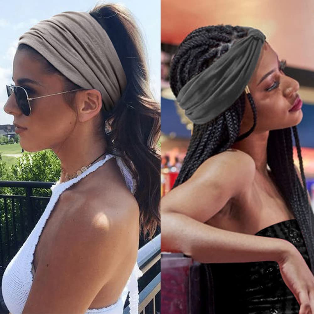 Women's Wide Boho Headbands – Stretchy Yoga & Sports Hair Bands for Women – Grey Head Wraps – Perfect for Workouts, Yoga & Fashion Accessories