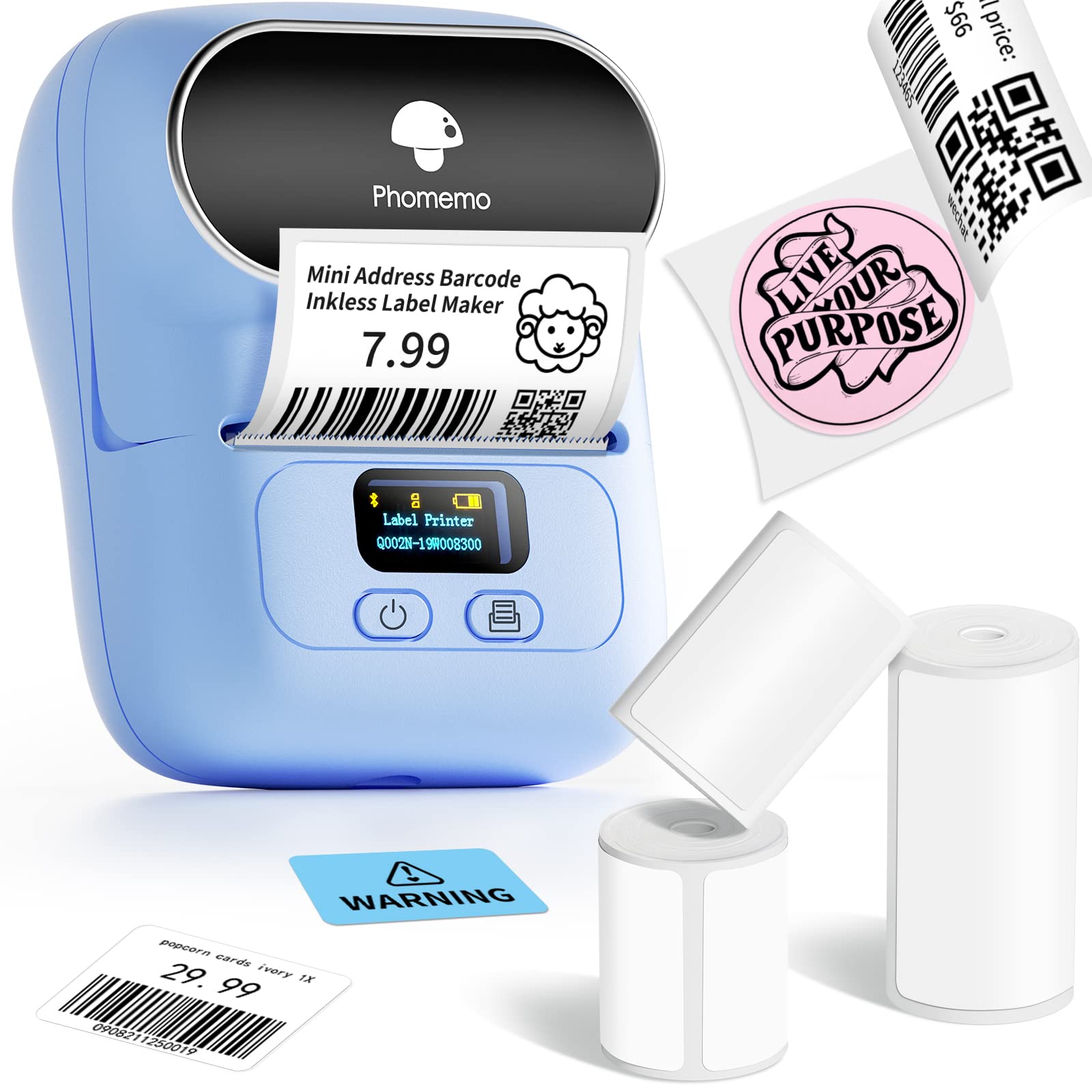 Phomemo M110 Portable Bluetooth Label Printer - Wireless Barcode, Address & Logo Sticker Maker for Small Business, Clothing & Jewelry | Compatible with iOS & Android (Blue) | Perfect for Organizing, Shipping & Retail Tagging