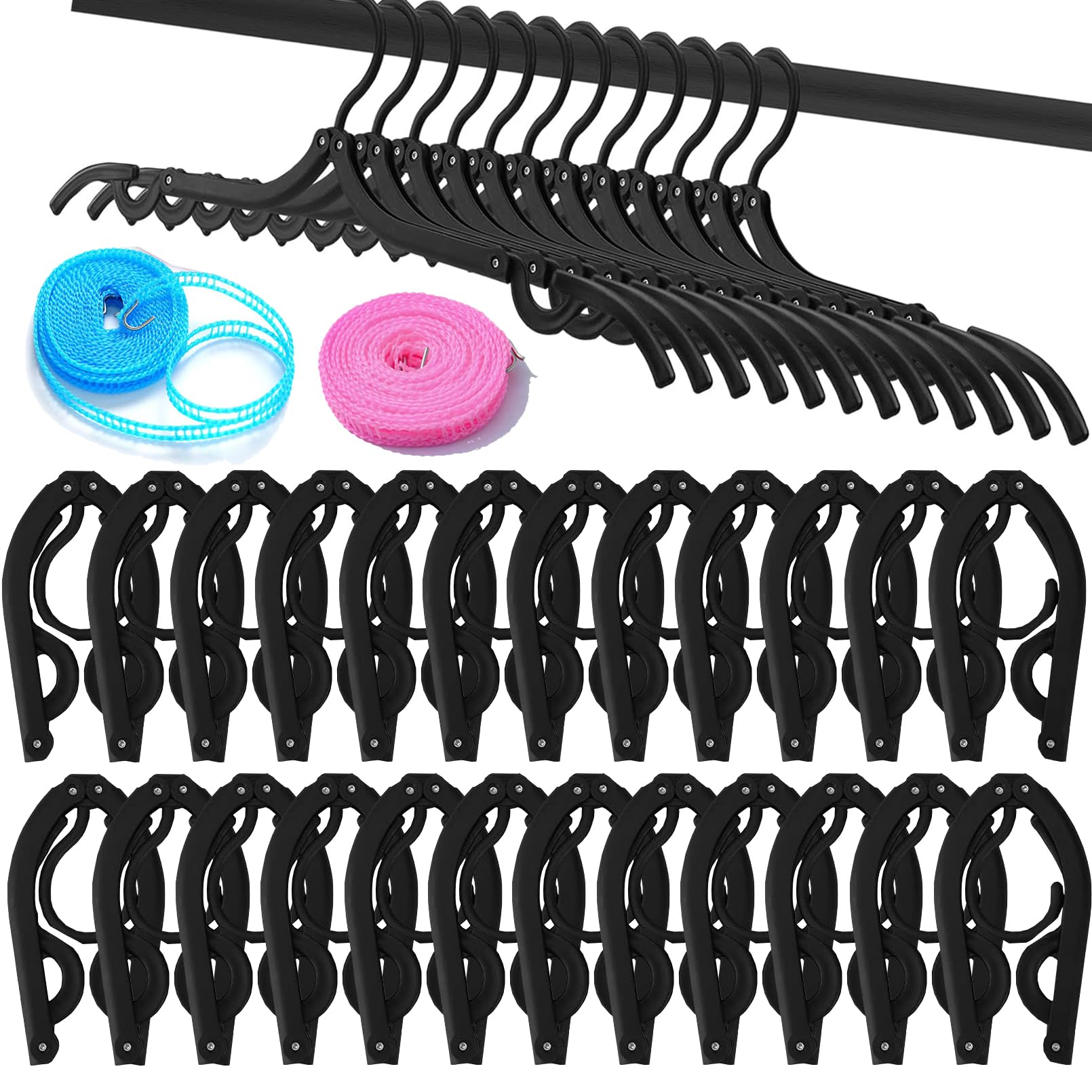 24 Pack Travel Hangers - Portable Folding Clothes Hangers with Clotheslines | Space-Saving Non-Slip Plastic Hangers for Suitcase, Hotel & Camping | Compact Laundry Drying Rack for Travel Accessories
