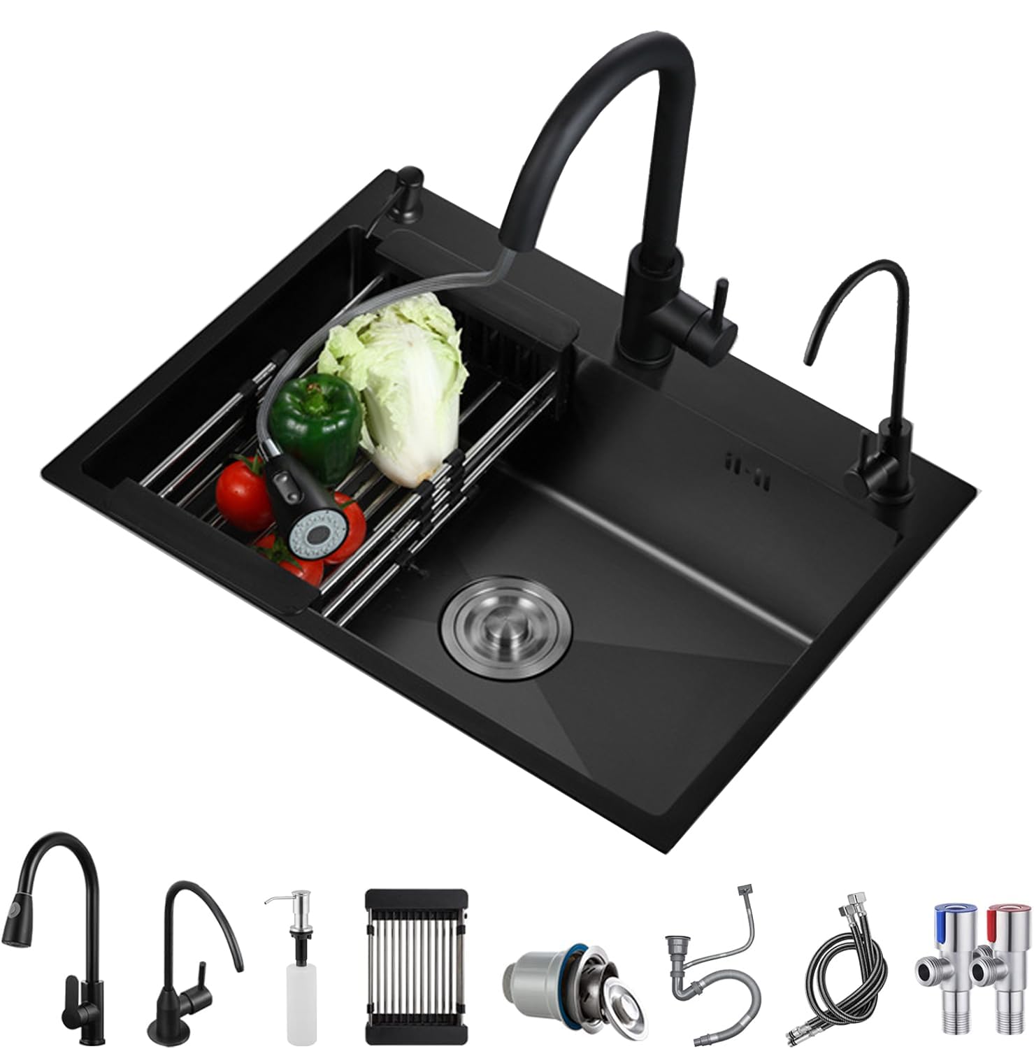 LIJIJUCN Black Single Bowl Stainless Steel Kitchen Sink - 55 x 45cm Drop-in/Topmount Farmhouse Workstation Sink with Sliding Accessories - Perfect for Modern Kitchens, Food Prep & Dishwashing