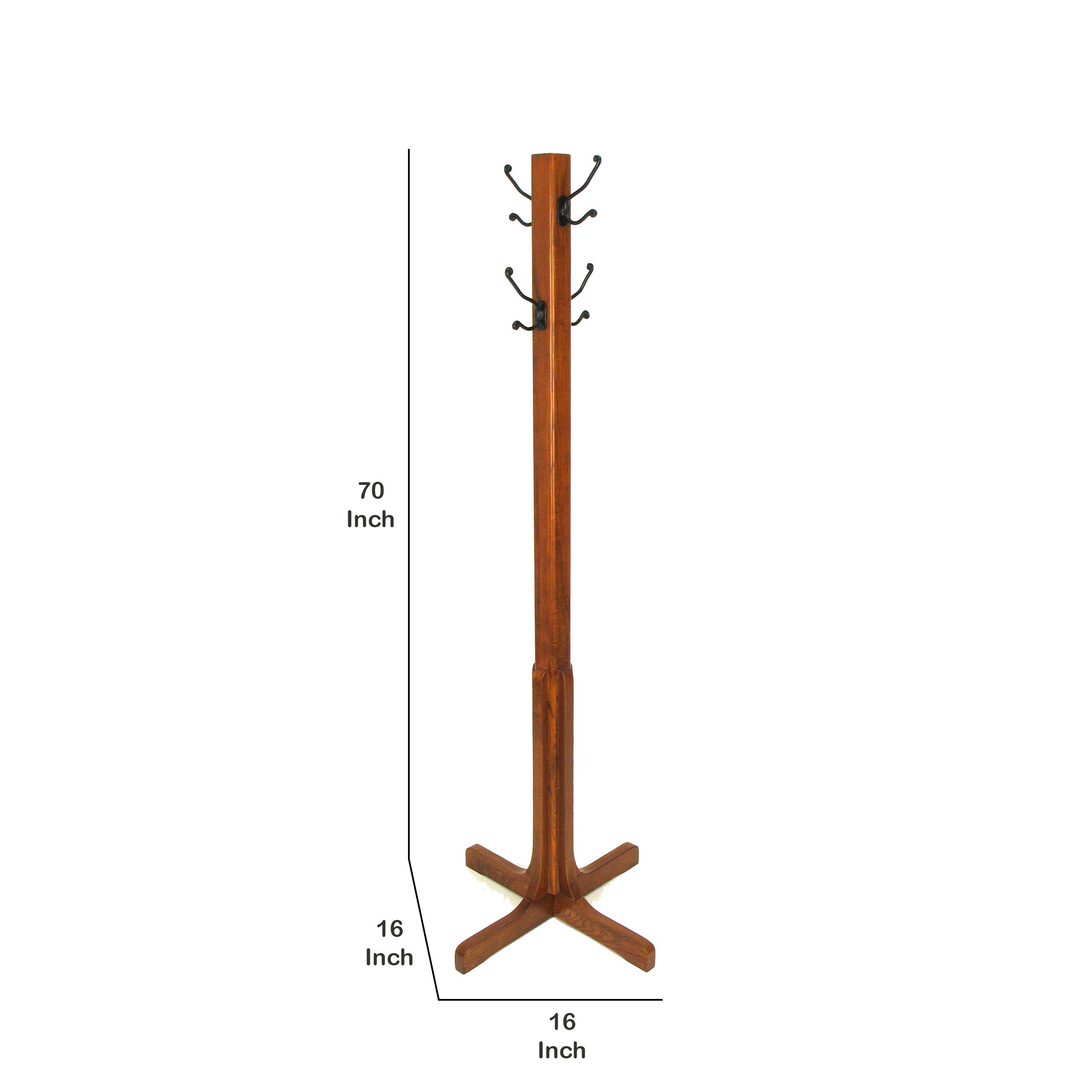 Benjara Solid Wood Coat Rack with X-Shaped Base & Metal Hooks - Brown Wooden Entryway Hall Tree for Hats, Coats, Bags & Scarves | Perfect for Home, Office & Dormitory Organization