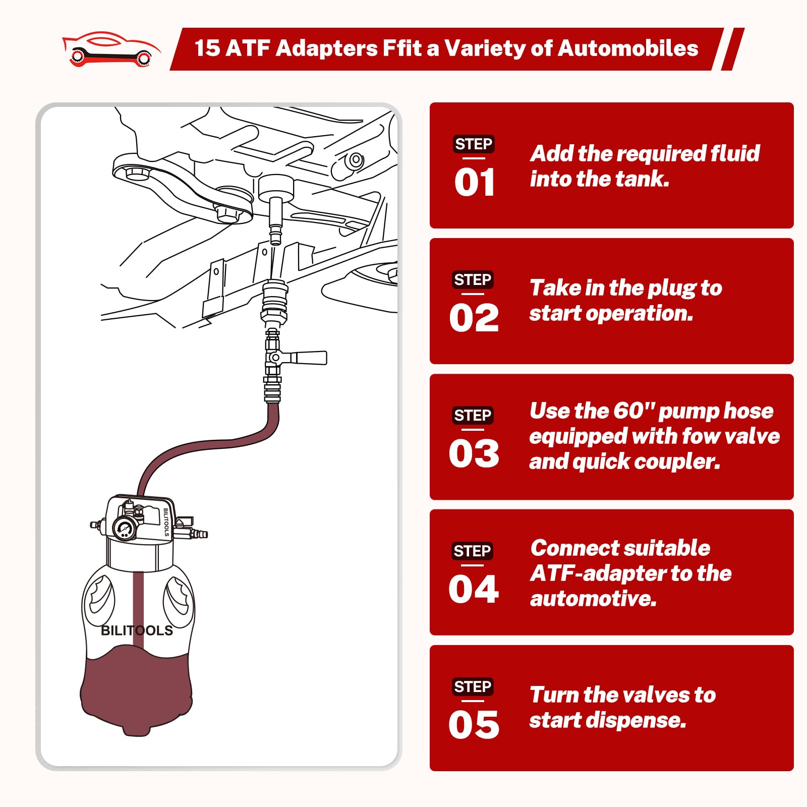 BILITOOLS 8L (2.1 Gallons) Automatic Pneumatic Transmission Fluid Transfer Pump - Air Operated Vacuum Oil Extractor & ATF Dispenser Kit with 15 Adapters - Perfect for Car Maintenance, Fluid Changes & Garage Use