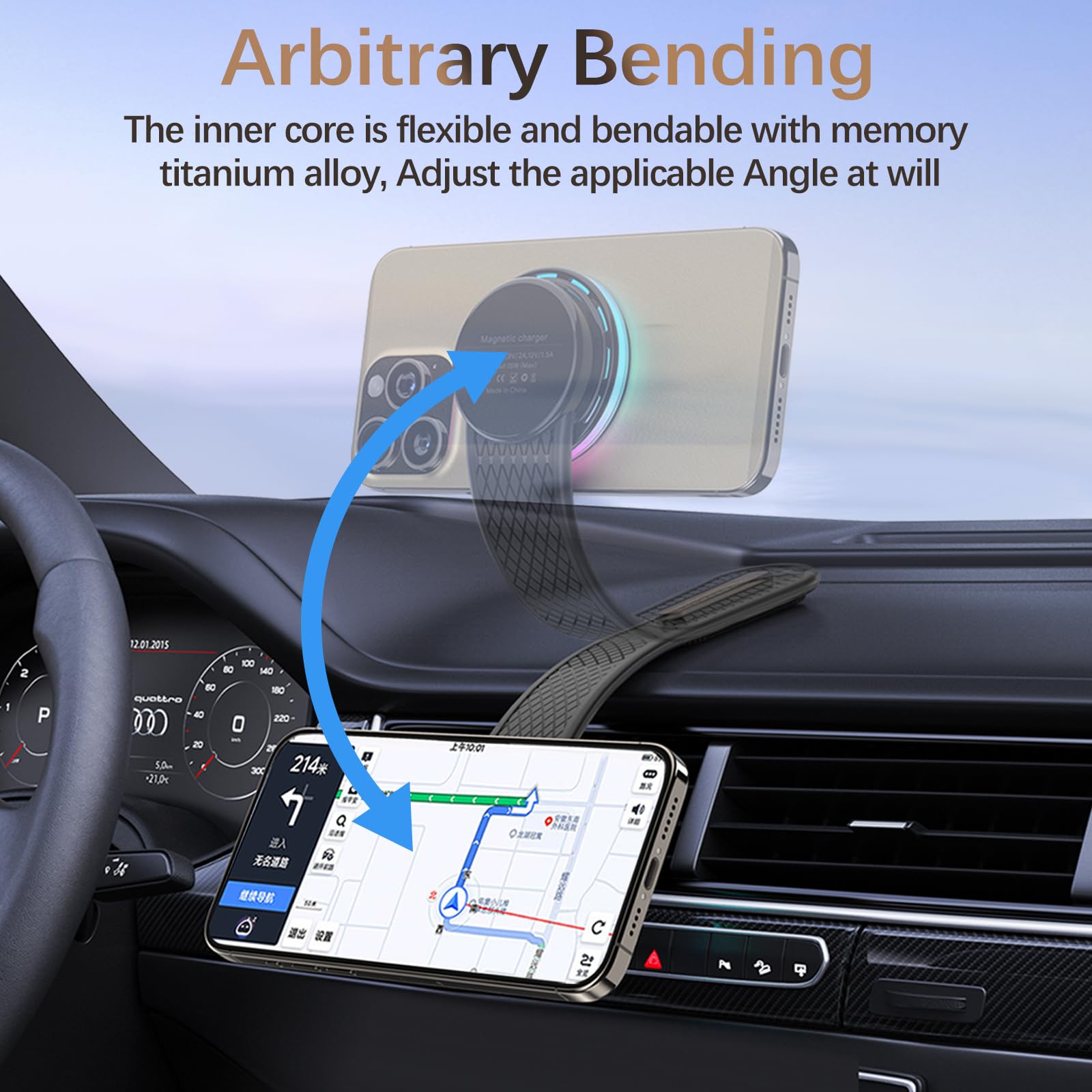 Flexible Magnetic Wireless Phone Charger for Car - Bendable Memory Titanium Alloy Mount, Fast Charging Stand (15W/10W/7.5W) - Easy Installation for iPhone, Samsung Galaxy | Perfect for Road Trips & Commuting
