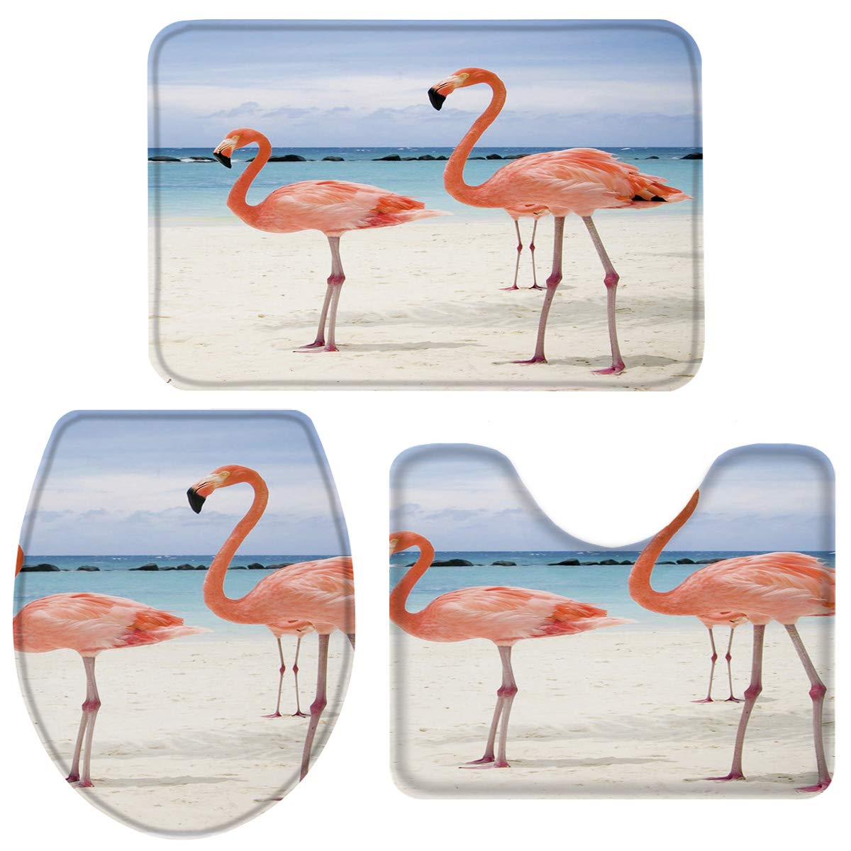3 Piece Bath Rugs Set - Non-Slip Tropical Flamingo Bathroom Mat, Water Absorbent U-Shaped Toilet Rug with Lid Cover - Soft Beach Theme Bath Carpet for Bathroom Decor (Perfect for Guest Bathrooms, Beach Houses & Tropical Themed Decor)