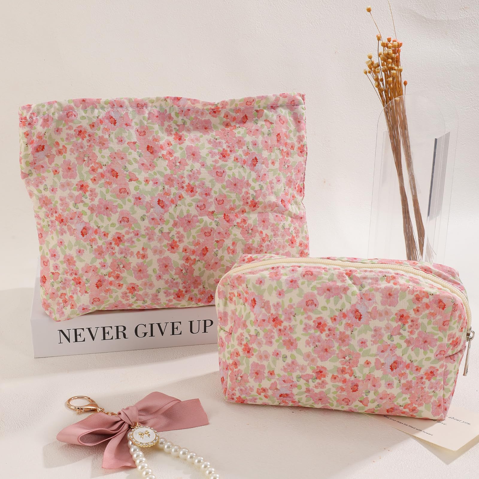 LYDZTION 2PCS Floral Makeup Bags for Women - Small Travel Toiletry Cosmetic Bag Set with Bow Design, Portable Zipper Pouch for Makeup, Jewelry & Essentials (Carnation Pink) - Perfect for Travel, Gym & Daily Organizer