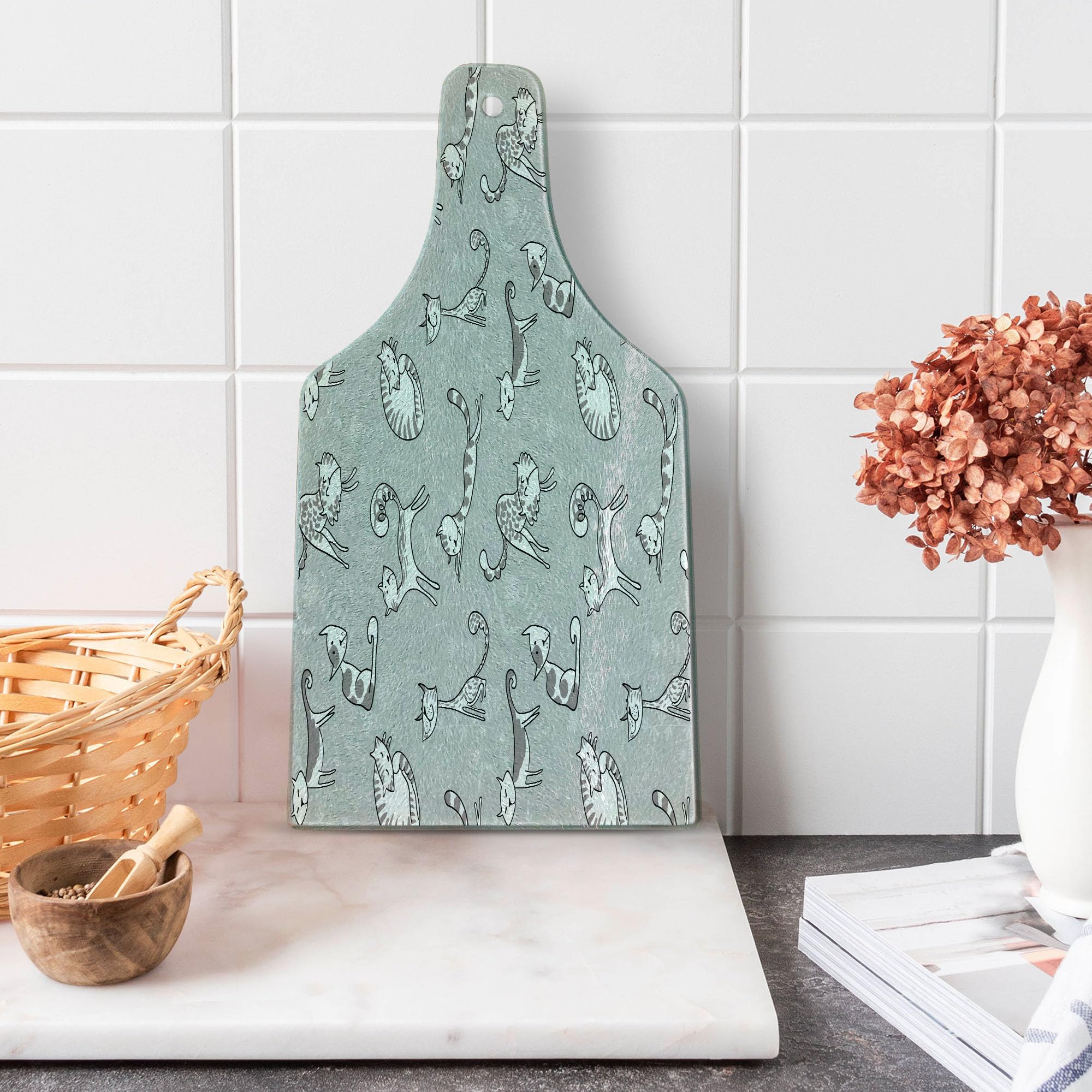 Ambesonne Grey Cat-Themed Cutting Board - Floral Background with Cute Cartoon Kittens - Durable Tempered Glass Serving Board for Kitchen & Entertaining - Perfect for Cheese Platters, Wine Pairing & Home Decor