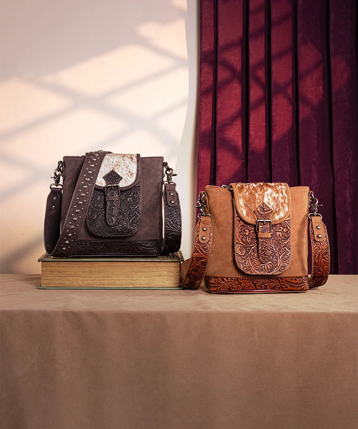 Trinity Ranch Genuine Hair-on Cowhide Tooled Leather Crossbody Purse for Women - Western Style Handbag for Rodeo, Country Music Festivals & Everyday Use