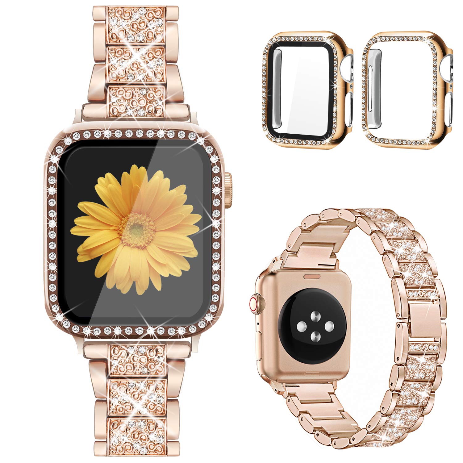 Mesime Compatible Apple Watch Band with Screen Protector Case - Jewelry Replacement Bands for 38mm/40mm/41mm/42mm/44mm/45mm/46mm - 2 Pack Protective Cover for iWatch Series 10/9/8/7/6/5/4/3/2/1/SE - Perfect for Women's Fashion, Workouts & Everyday Wear