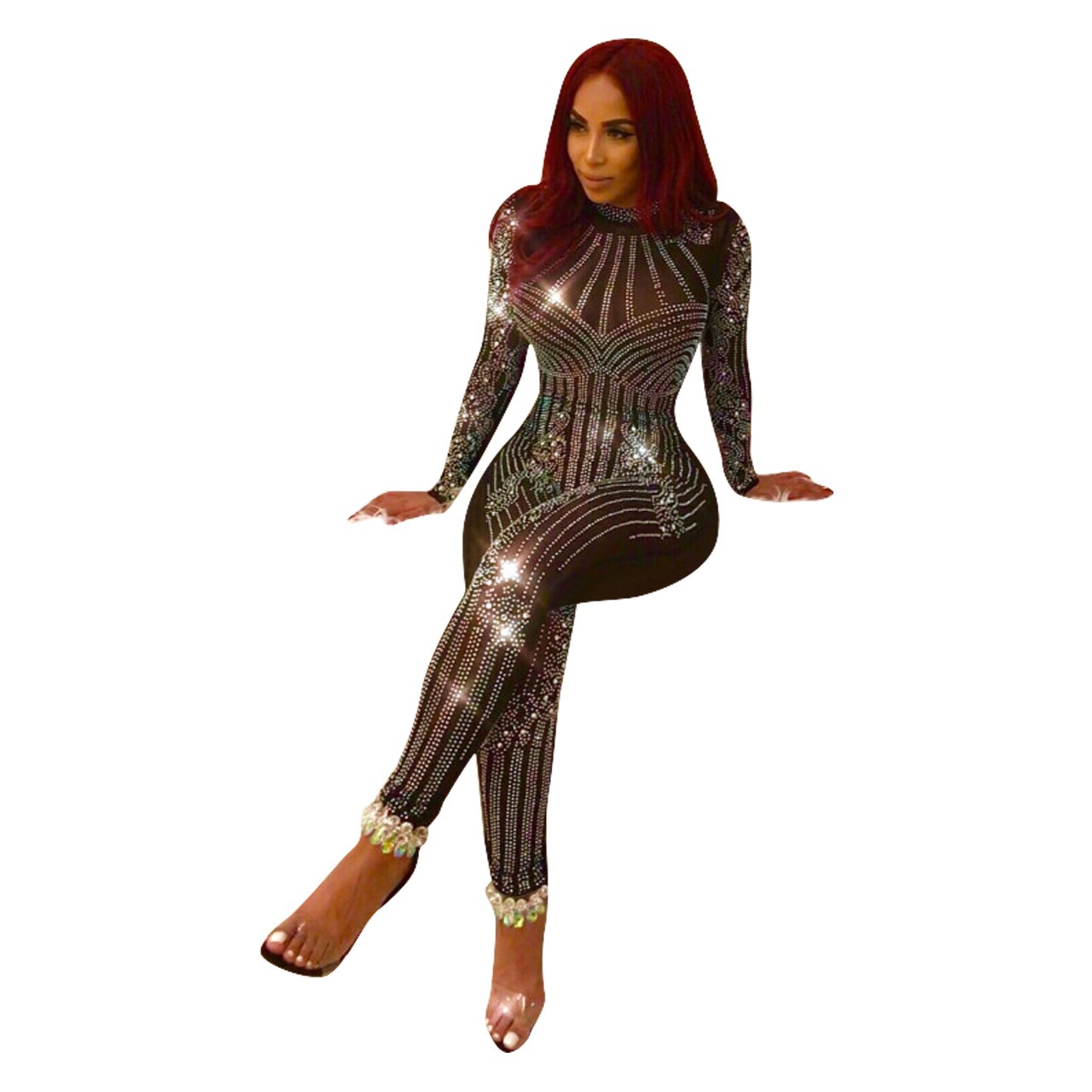 JEYKAY Women's Sexy Mesh See-Through Rhinestone Pantsuit - Geometric Tattoo Print Clubwear Jumpsuit for Party & Night Out (Black, Size S) | Perfect for Cocktail Parties, Clubbing & Festivals