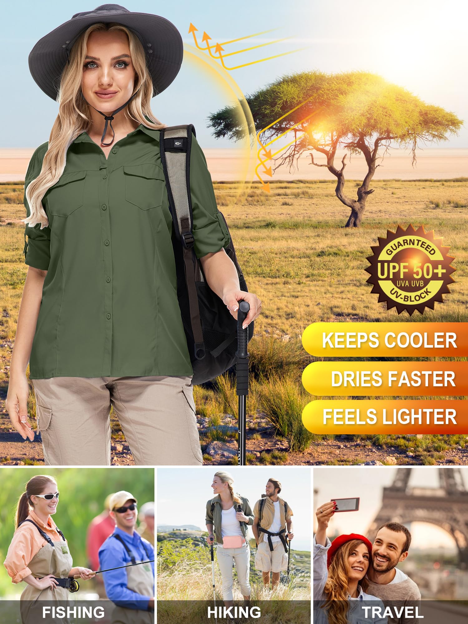 UPF50+ Sun Protection Fishing Shirts for Women & Men - Long Sleeve Travel & Safari Work Shirts with Zipper Pockets - Perfect for Outdoor Activities, Hiking, and Beach Vacations