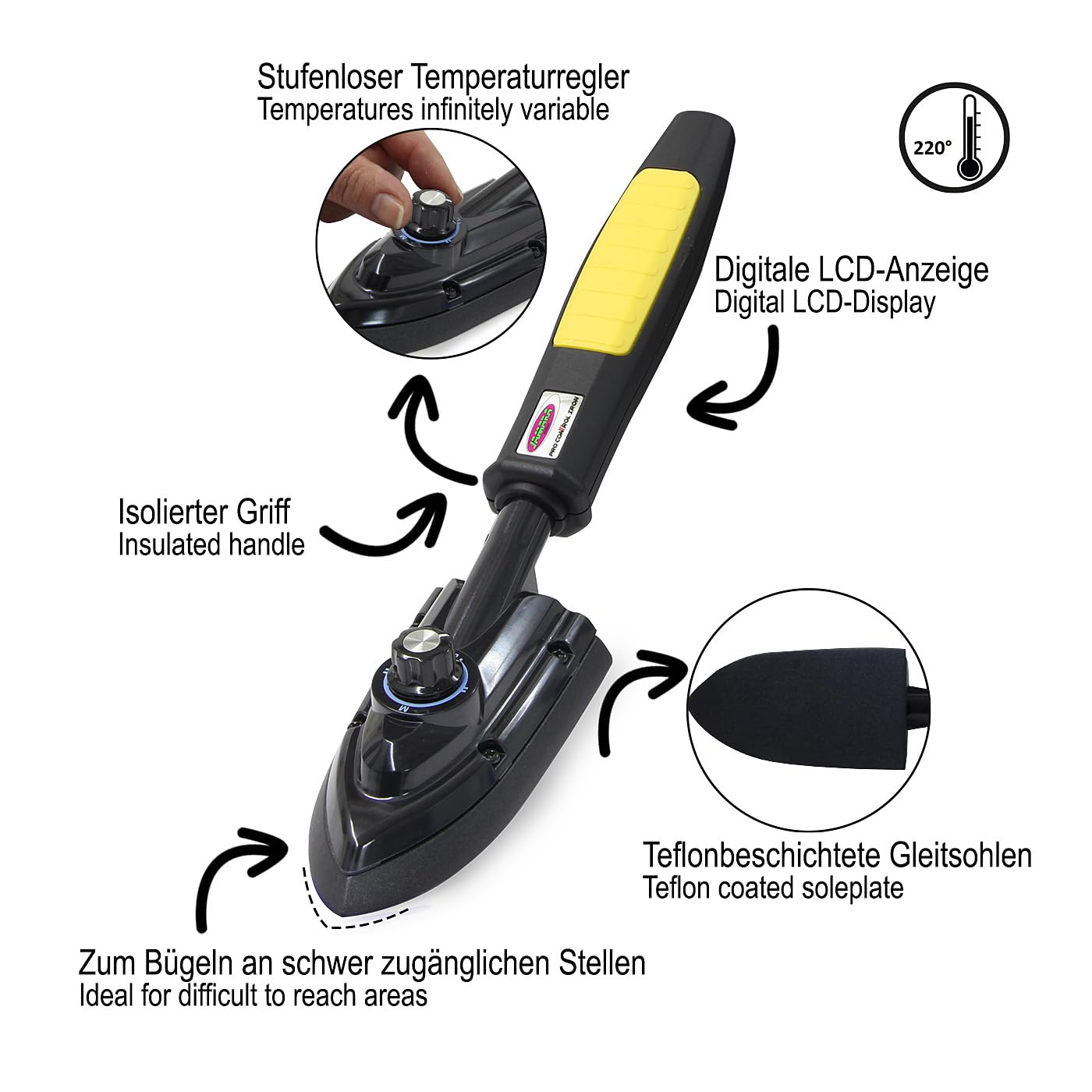 Jamara 172140 Professional Control Iron with Steam Function - Black - Perfect for Home Ironing, Laundry, and Fabric Care