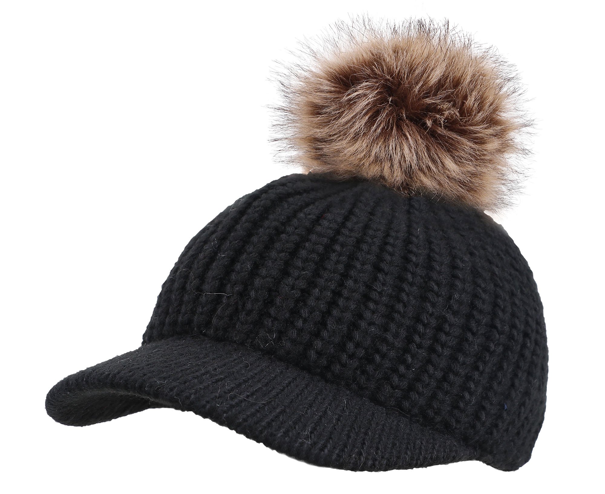 Arctic Paw Kids Cable Knit Beanie with Faux Fur Pompom & Brim Shade - Warm Winter Hat for Boys & Girls - Perfect for Snow Play, Skiing & Outdoor Activities