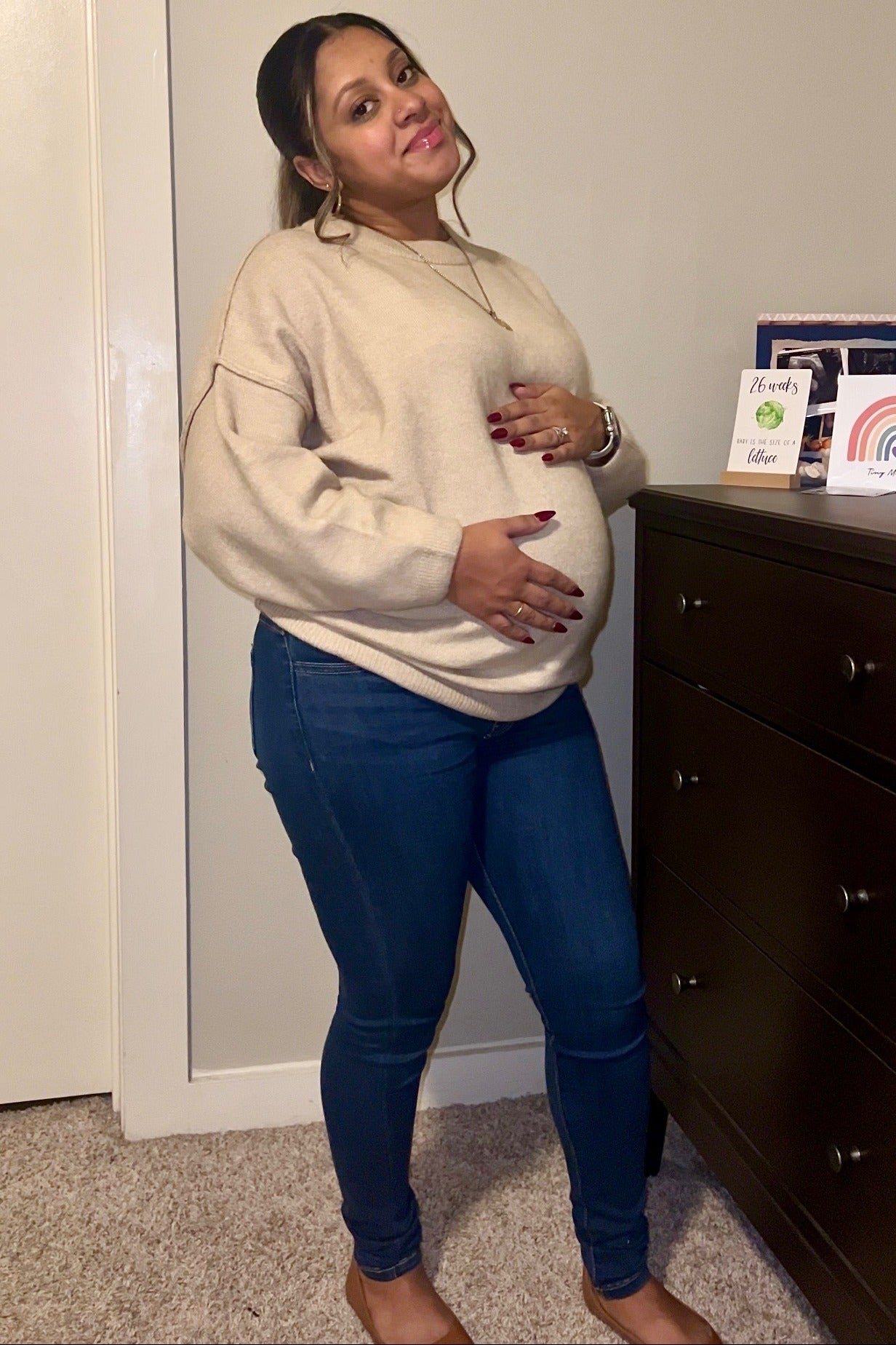 Beige Oversized Crewneck Melange Knit Maternity Sweater for Women - Soft & Cozy Pregnancy Sweater for Fall & Winter - Perfect for Casual Wear, Nursing, and Maternity Photos