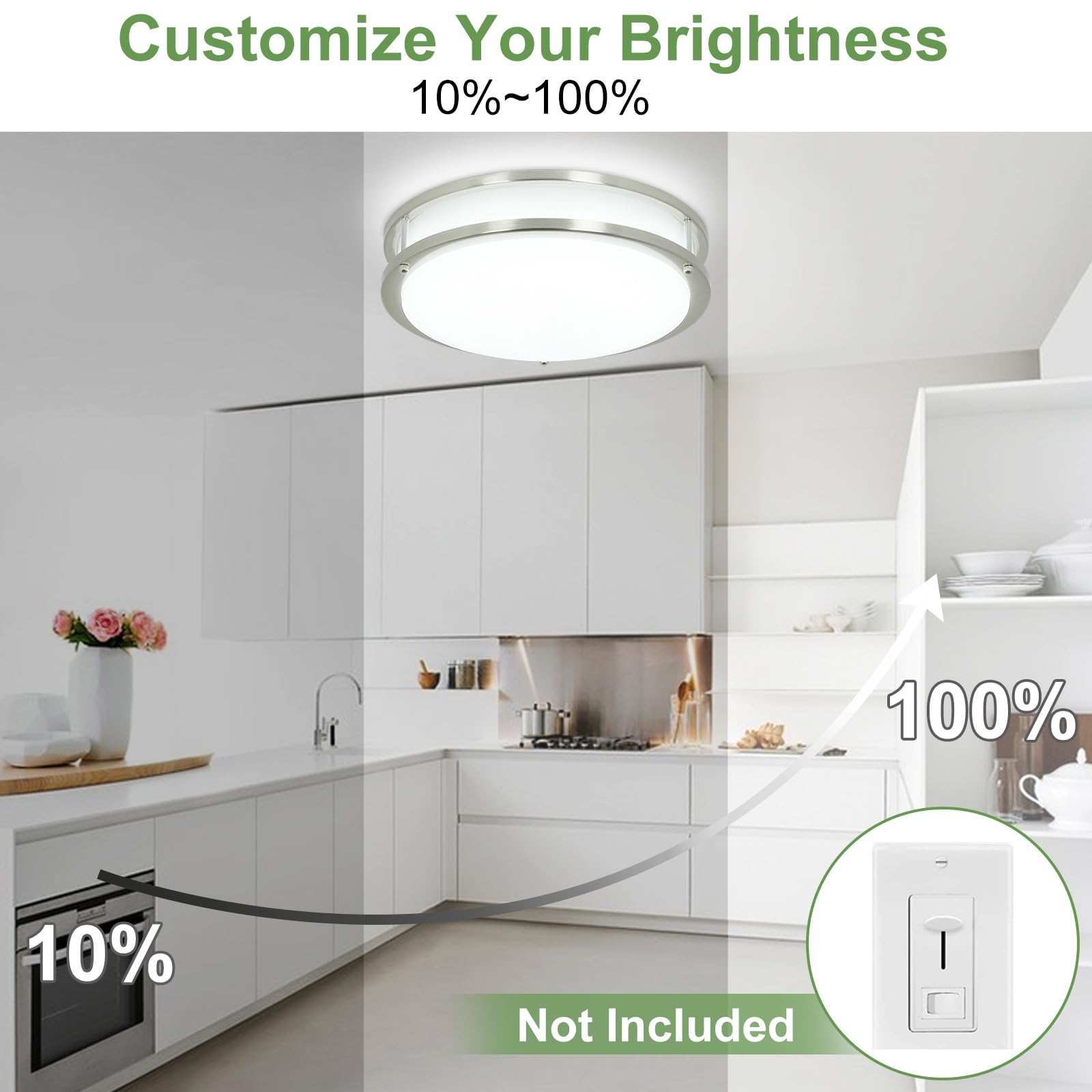 DINGLILIGHTING 30W LED Flush Mount Ceiling Light - 13 Inch Round Brushed Nickel Fixture with 3000K-6000K 5 Color Temperature Adjustable, Super Bright for Living Room Bedroom Kitchen Hallway - Modern Home & Office Lighting Solution