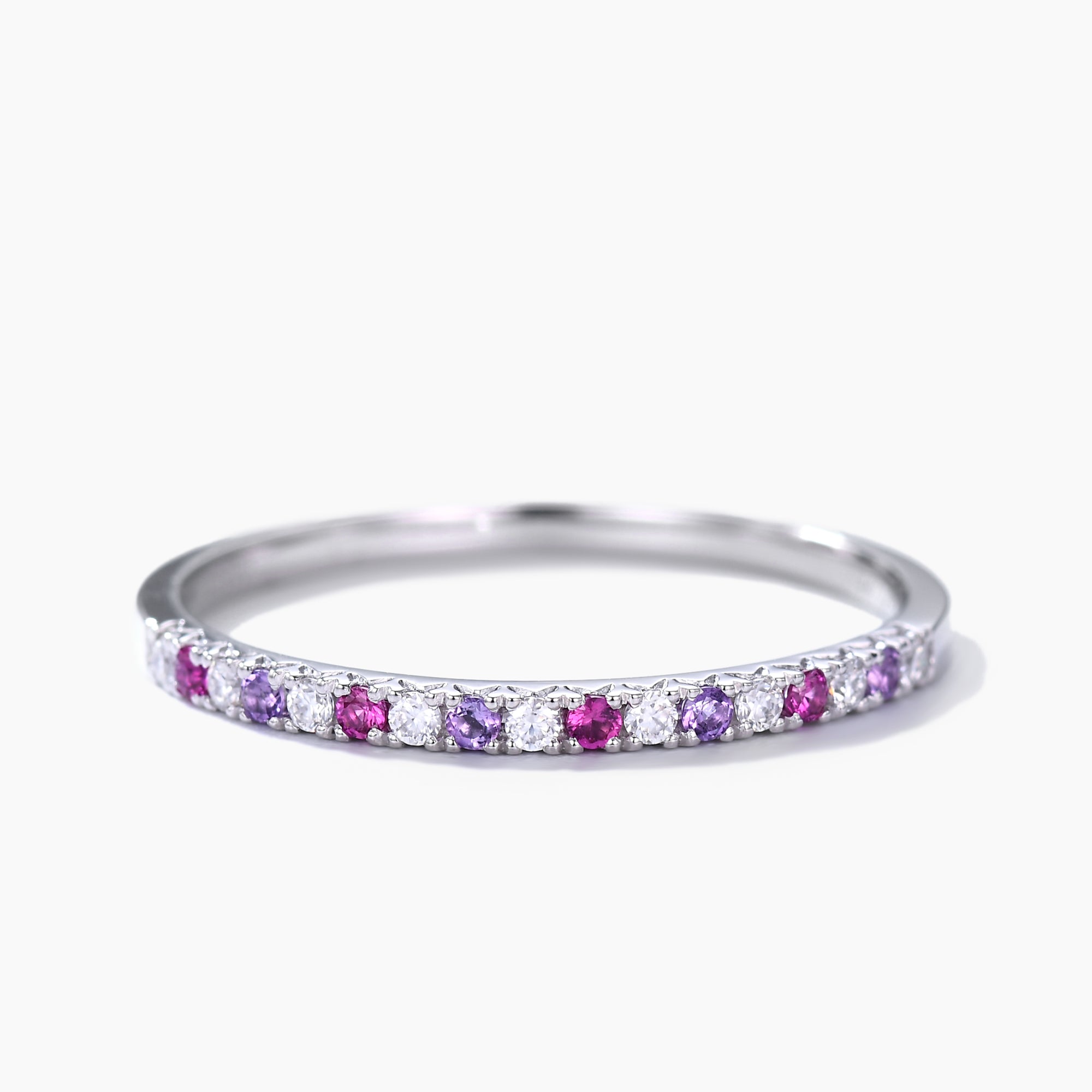 Multi Gemstone Wedding Band - Half Eternity Moissanite, Amethyst & Ruby Stacking Ring for Women | Perfect for Bridal Sets, Anniversary Gifts & Family Jewelry Collections