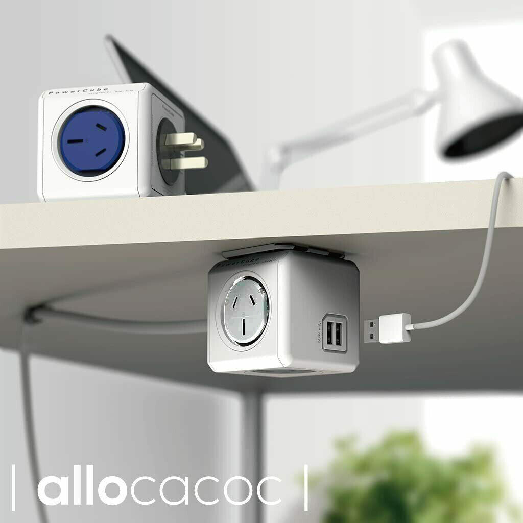 Allocacoc PowerCube with 4 Outlets & 2 USB Ports - 1.5m White Extension Cord for Home, Office, and Travel Charging Needs