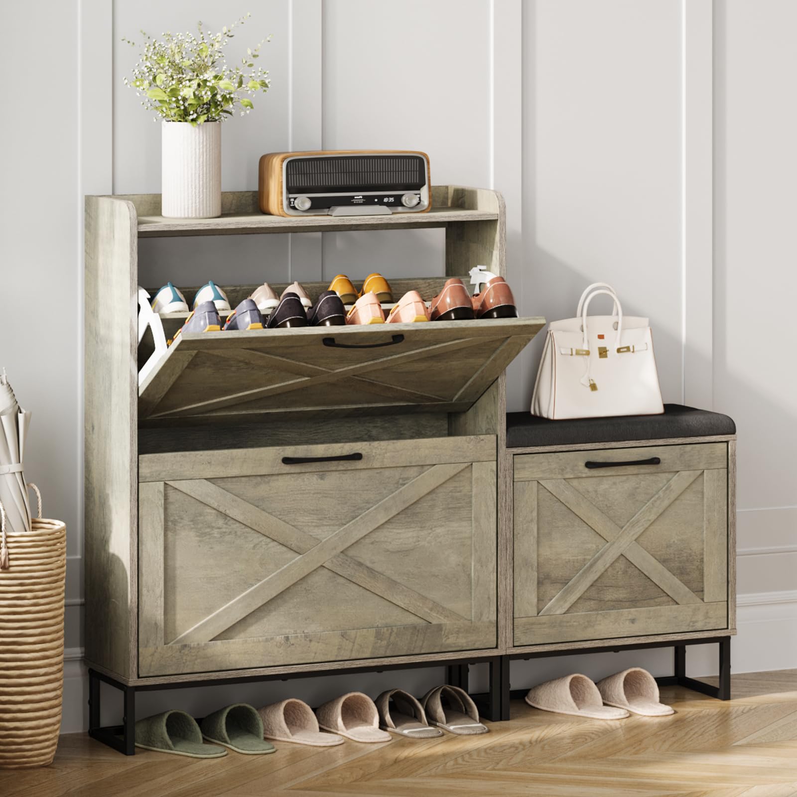 Maupvit 3-Tier Flip Shoe Storage Cabinet with Bench - Holds 20 Pairs of Shoes, Space-Saving Entryway Shoe Organizer for Hallway, Living Room & Small Spaces - Grey (Perfect for Apartments, Dorms & Closet Organization)