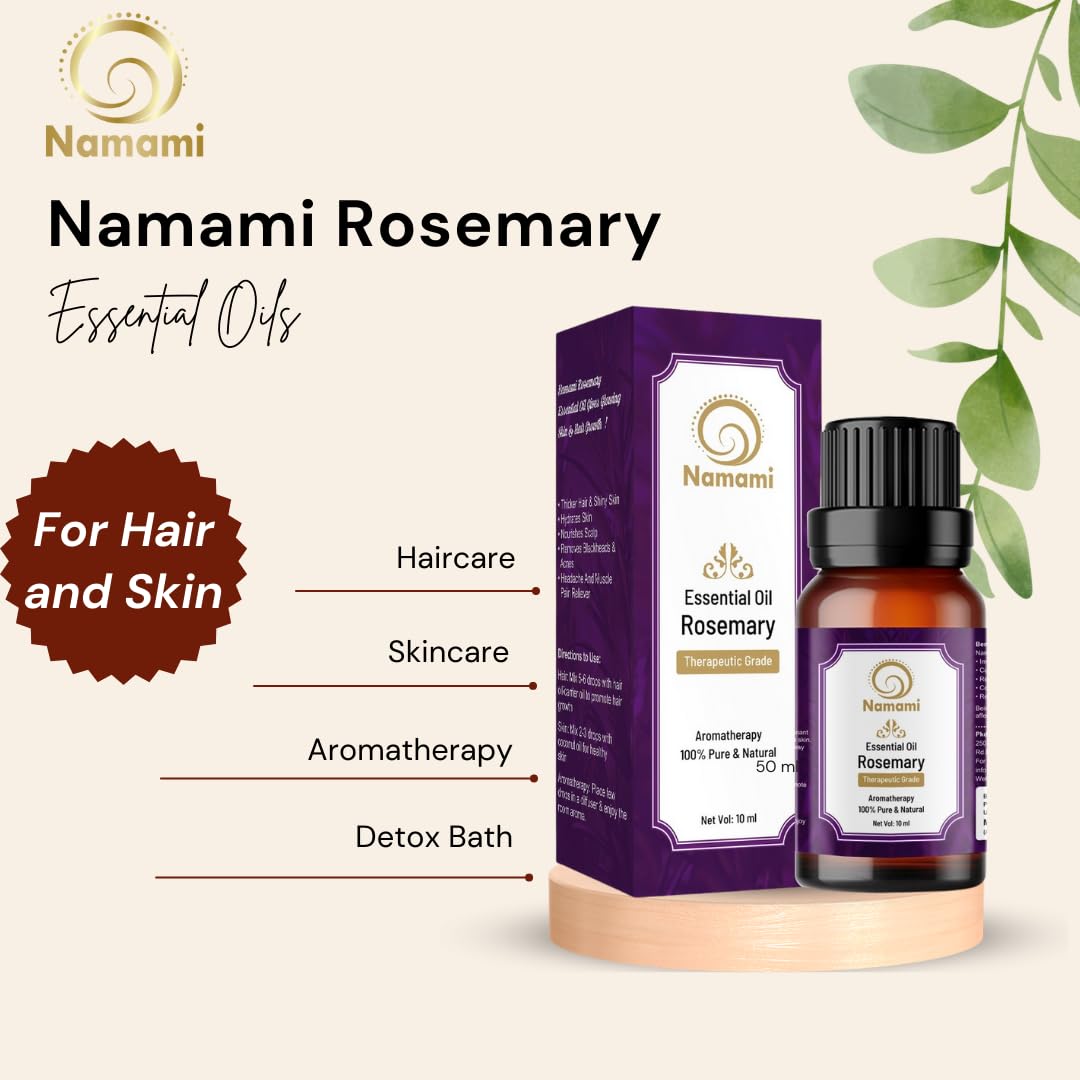 Namami 100% Pure Rosemary Essential Oil (10ml) - Natural Hair Growth Oil for Men & Women, Skin Nourishment, Stress Relief - Aromatherapy Diffuser Oil for Home, Spa & Massage - Therapeutic Grade Essential Oil for Quick Hair Regrowth & Relaxation