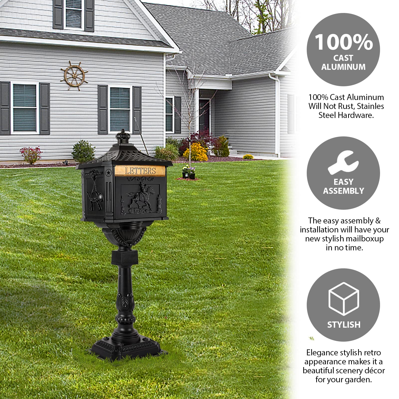 Polar Aurora Heavy Duty Cast Aluminum Mailbox - Black Secure Postal Box for Home & Business | Weatherproof & Durable Outdoor Mail Solution
