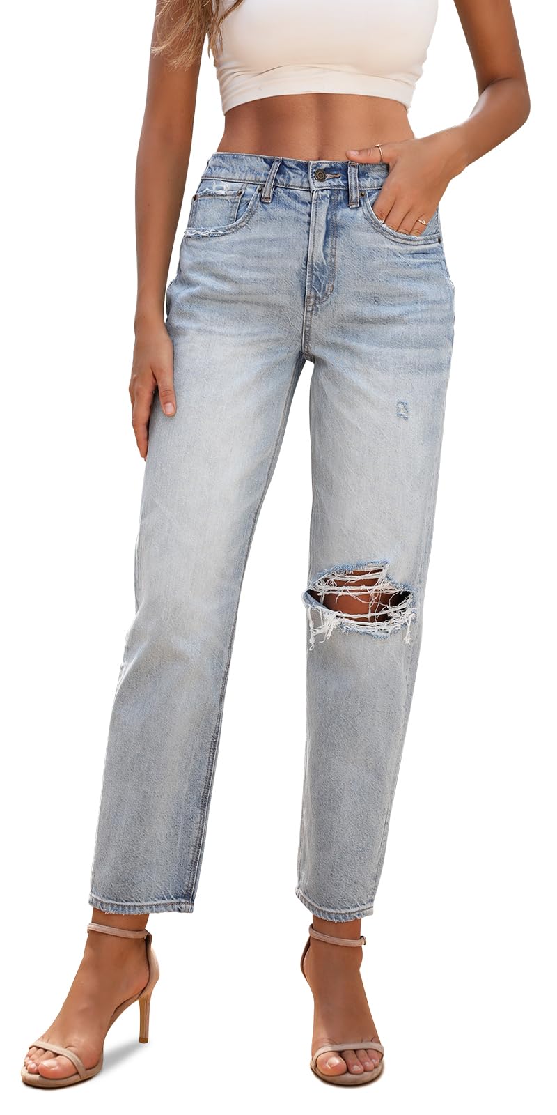 OFLUCK Women's High Waisted Boyfriend Jeans - Distressed Ripped Stretch Cropped Denim Pants for Casual Outfits & Streetwear Fashion