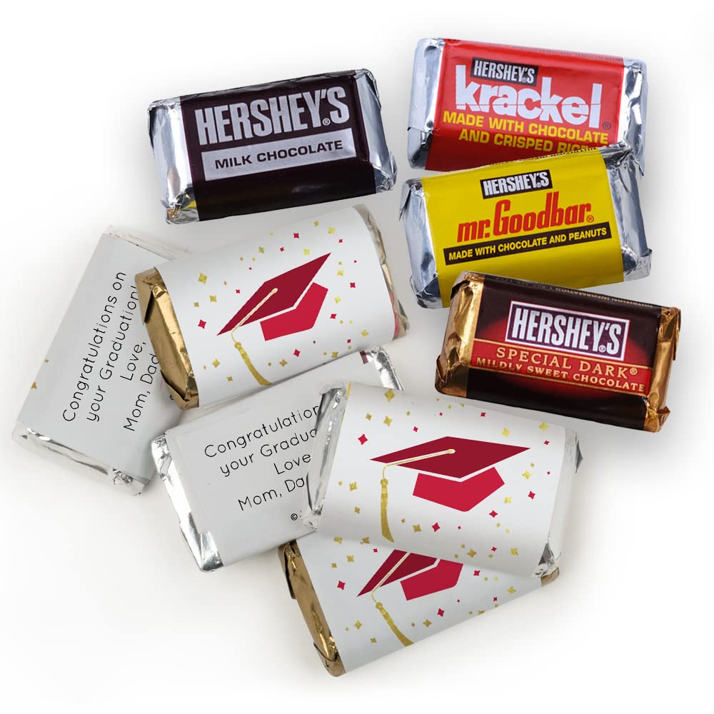 Personalized Graduation Hershey's Miniatures Chocolate Candy Bars (75 Count) - Red with Cap & Confetti - Perfect for Graduation Parties, Gifts, and Celebrations