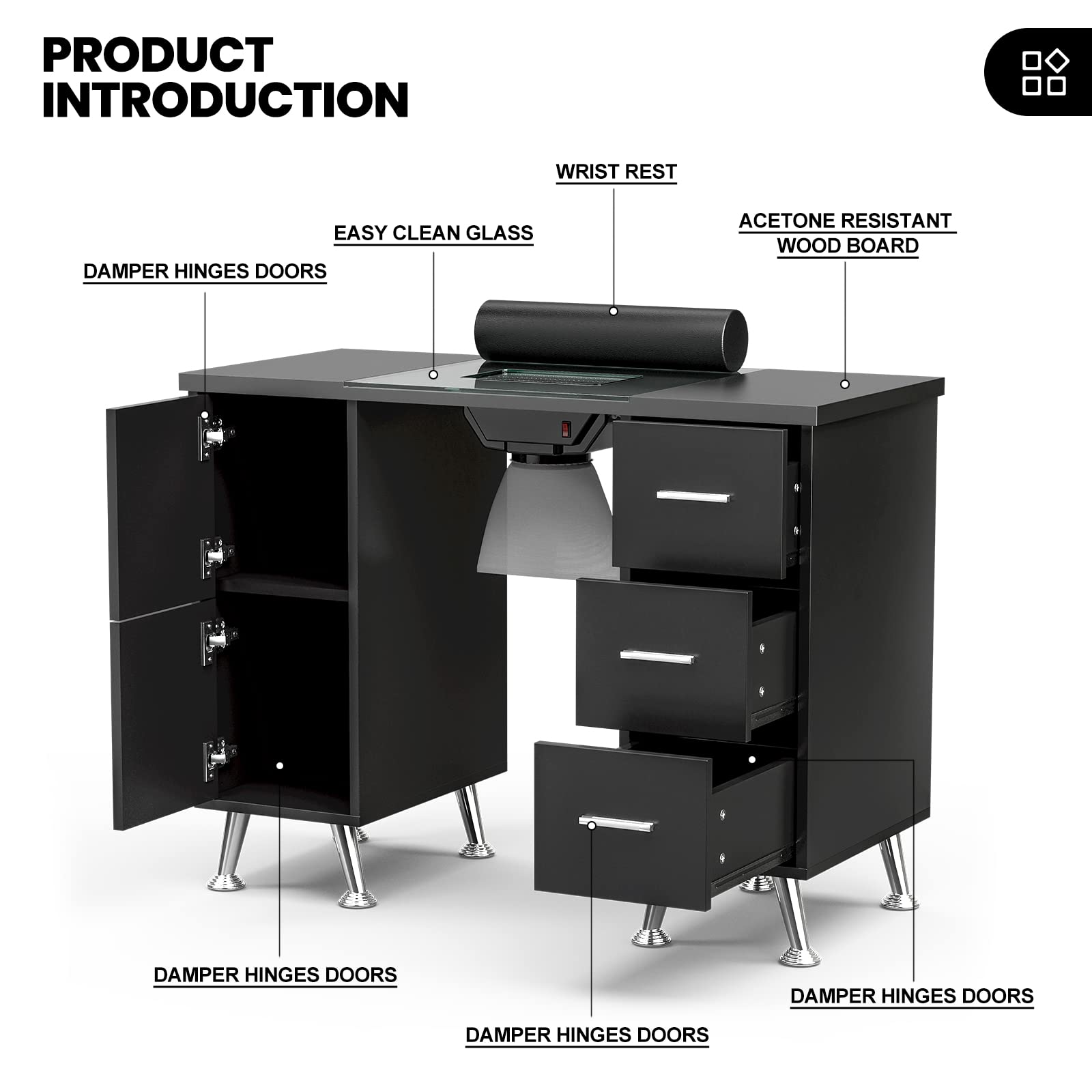 Premium Nail Tech Table with Electric Downdraft Ventilation - Glass Top Manicure Station for Salon Professionals, Includes Wrist Cushion, Storage Drawers & Golden Metal Legs (Black) - Perfect for Nail Salons, Spa Treatments & Home Beauty Studios