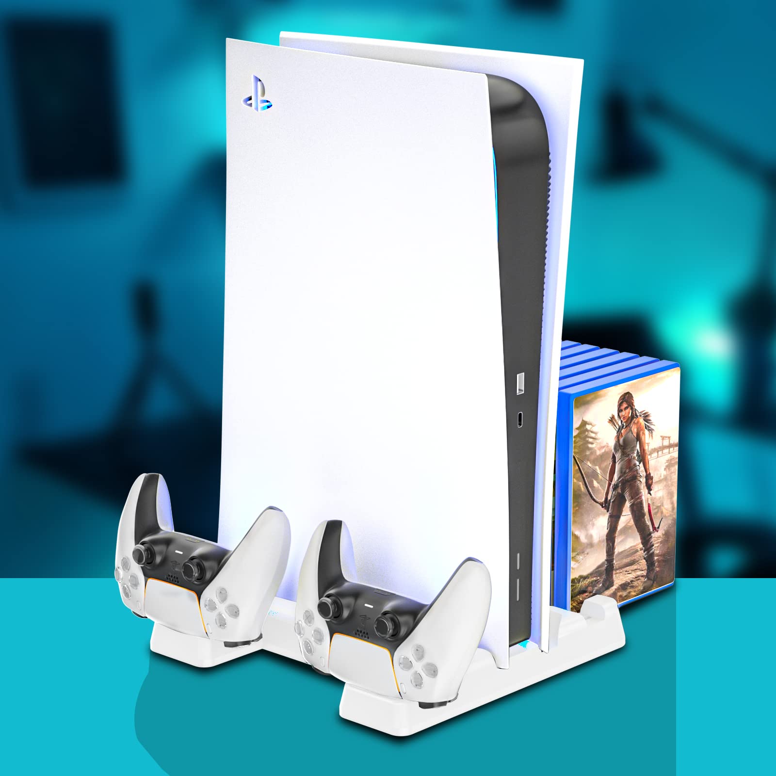 HEATFUN PS5 White Charging Station with Cooling Fans - Fast Charging Dock, 3-Speed Adjustable Cooling, 12-Game Storage Rack - Perfect for PS5 Gaming Setup & Console Organization