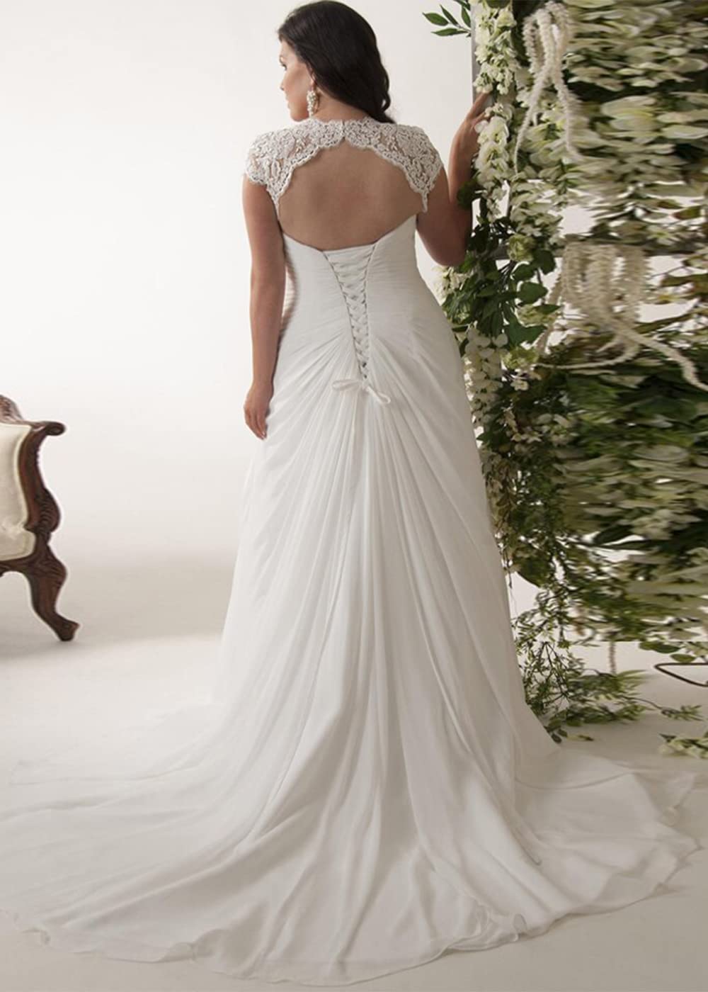 SOLODISH Plus Size Wedding Dresses for Bride - V Neck Lace Applique A-Line Bridal Gown | Elegant Church, Beach & Destination Wedding Dress