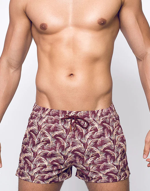 2eros Hawaiian Night 3 Swim Shorts for Men - Burgundy Floral Print Beach Swimwear | Perfect for Pool Party, Vacation & Summer Outfits